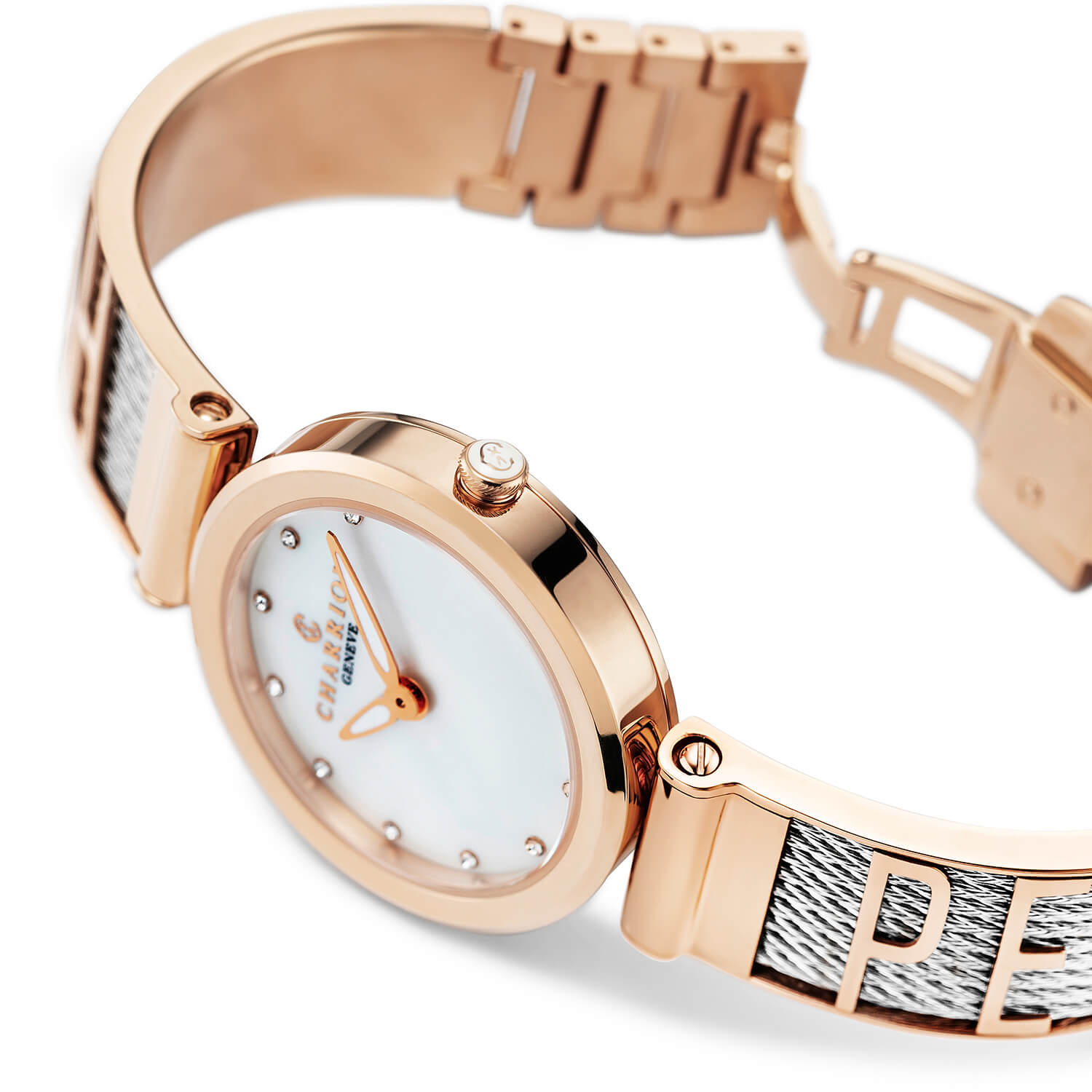 FOREVER YOURS, 32MM, CALIBRE QUARTZ, NACRE AVEC CADRAN 12 DIAMANTS, BEZEL PVD OR ROSE, BRACELET CABLE ACIER - Charriol Geneve - Montres