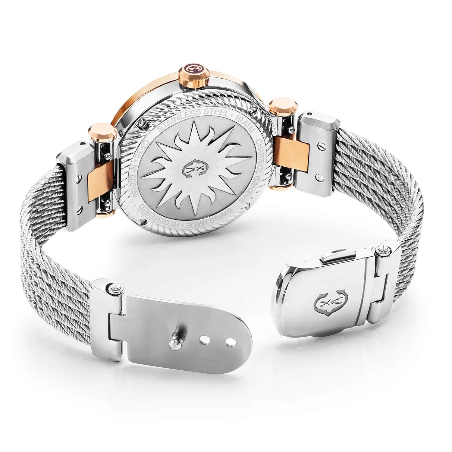 NAVIGATOR CRUISE, 36MM, QUARTZ CALIBRE, WHITE MOTHER-OF-PEARL WITH 10 DIAMONDS DIAL, STEEL ROSE GOLD PVD "CHARRIOL CHARRIOL" WITH 2 SCREWS BEZEL, STEEL INTERCHANGEABLE CABLE BRACELET WITH ROSE GOLD PVD ATTACHED - © 2024 Charriol -  Watch