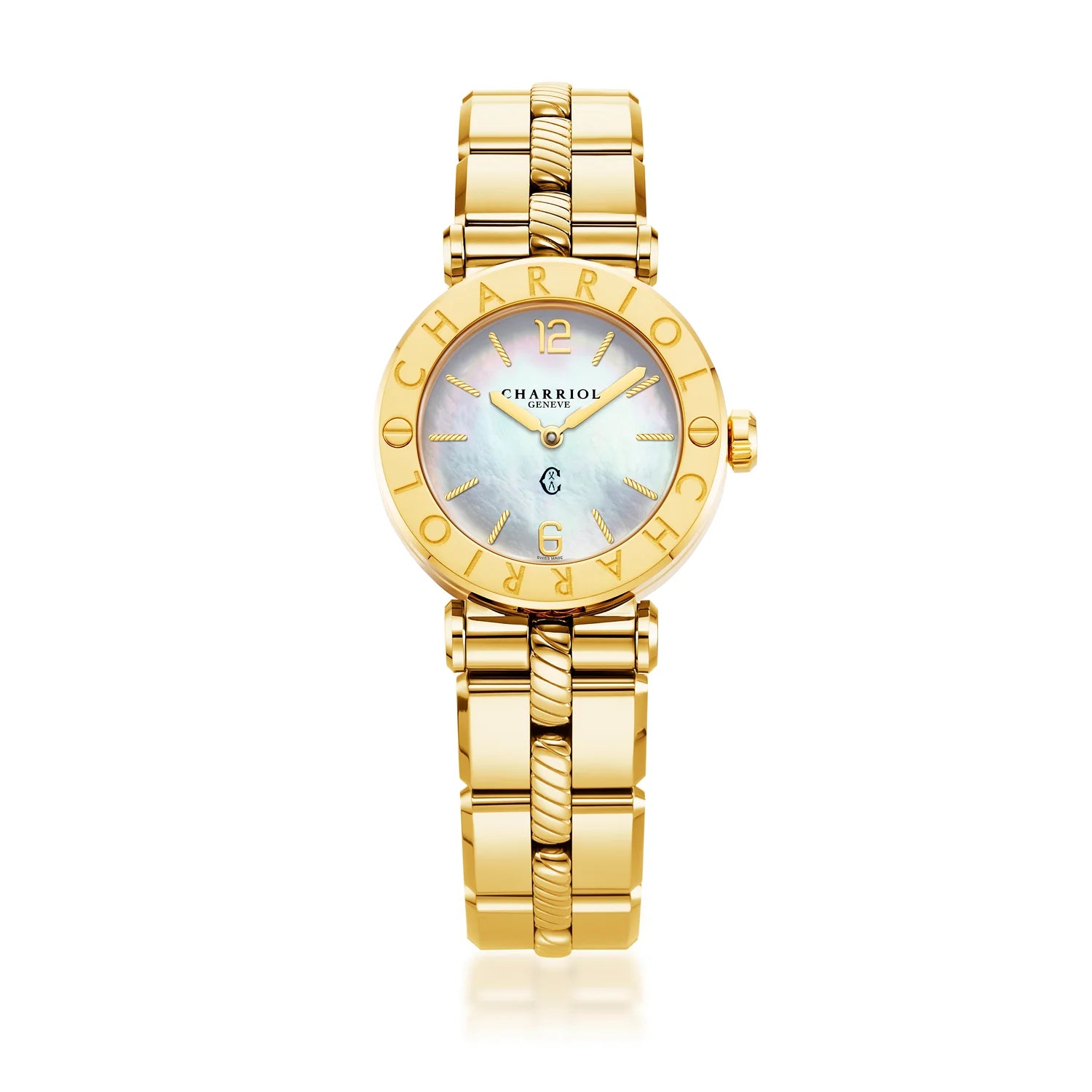 St Tropez Cruise Montre or blanc et jauneSt Tropez Cruise Montre 28mm Bracelet or jaune, lunette or jaune & 2 vis et cadran MOP blanc - Charriol Geneve - Montre