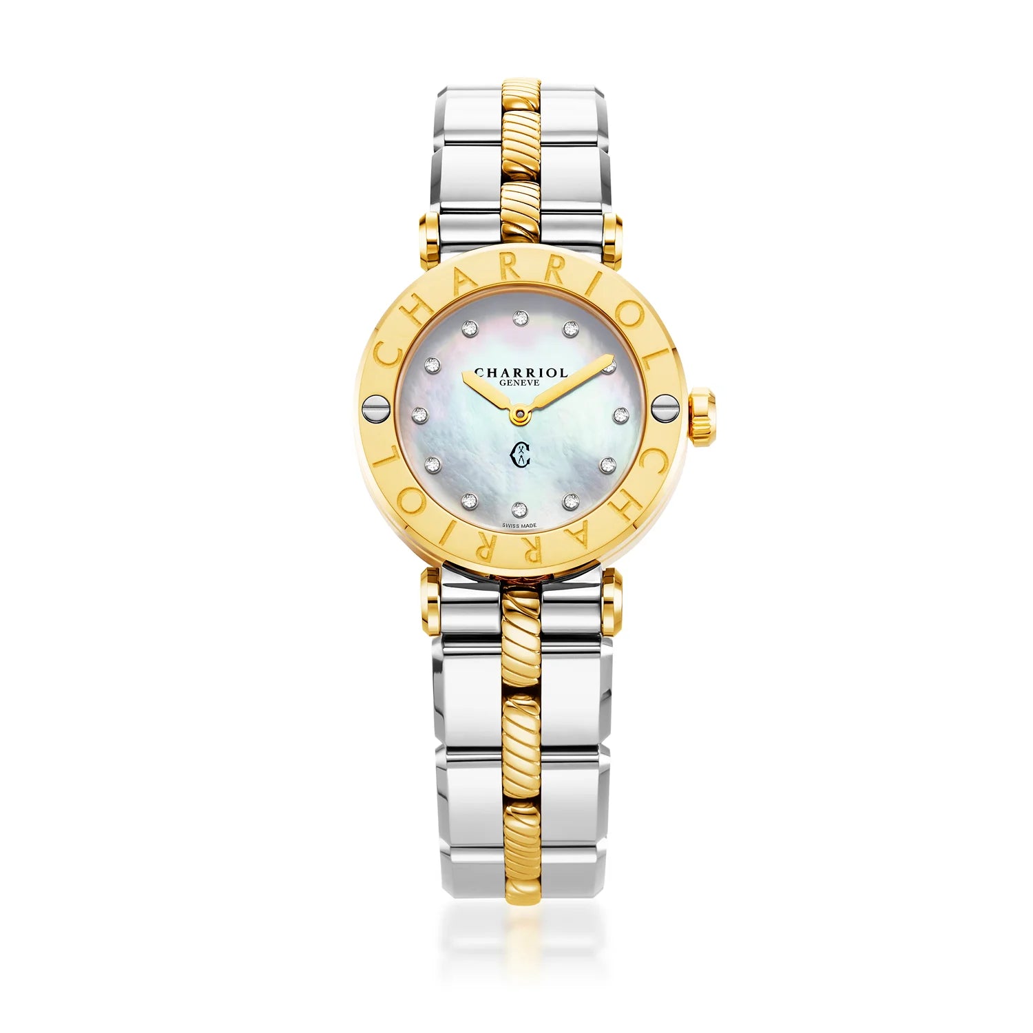 NAVIGATOR CRUISE28MM, CALIBRE QUARTZ, CADRAN NACRE, BEZEL "CHARRIOL CHARRIOL ", BRACELET INTERCHANGEABLE BICOLORE ACIER - Charriol Geneve - Montre