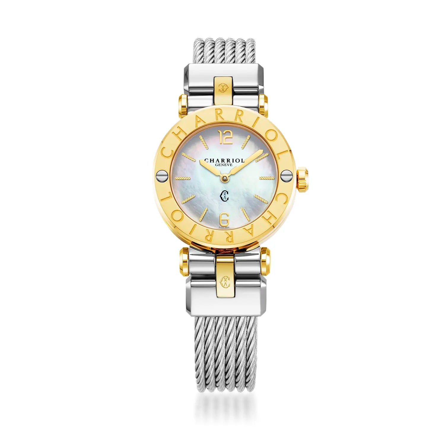 NAVIGATOR CRUISE28MM, CALIBRE QUARTZ, CADRAN NACRE, BEZEL "CHARRIOL CHARRIOL ", BRACELET INTERCHANGEABLE CABLE ACIER - Charriol Geneve - Montres