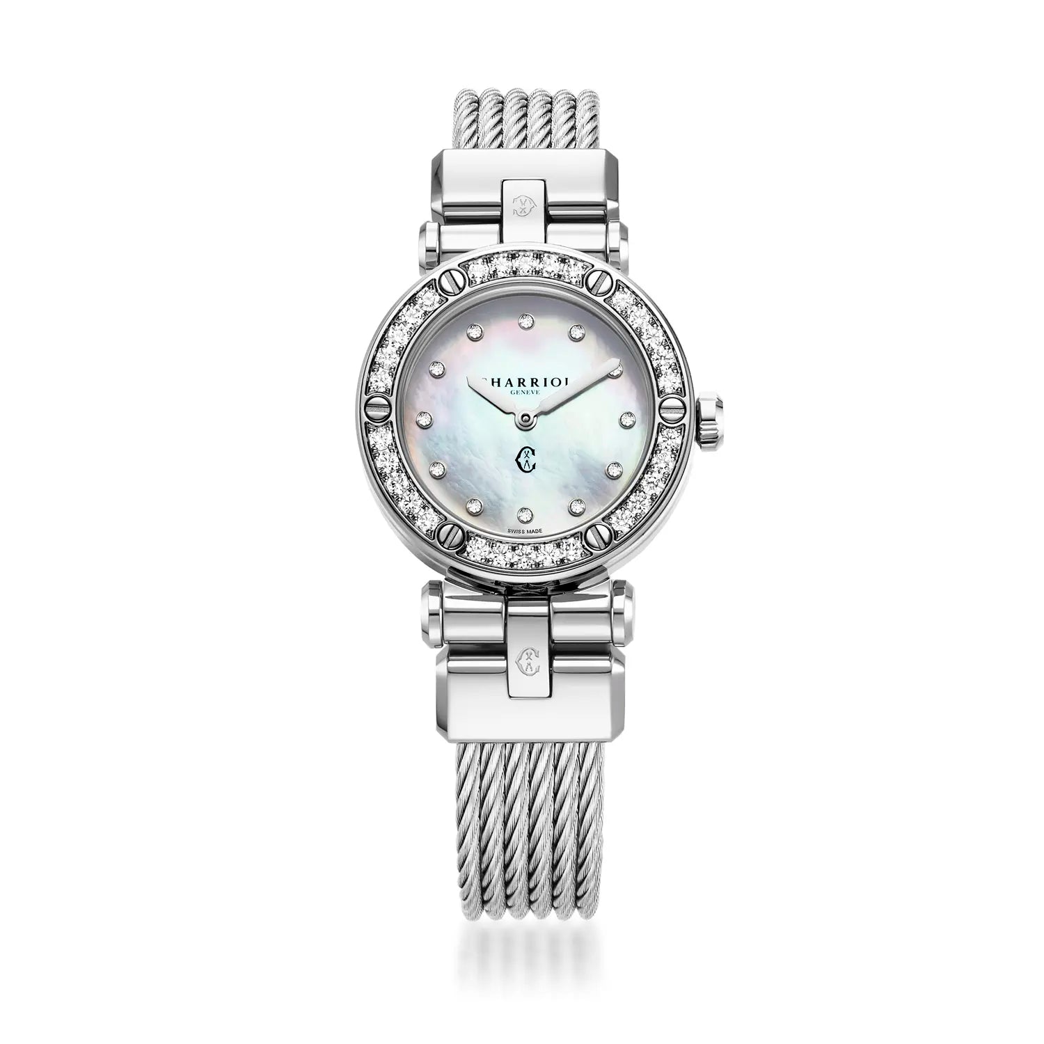 NAVIGATOR CRUISECALIBRE QUARTZ, NACRE AVEC CADRAN 12 DIAMANTS, BAGUE 30 DIAMANTS, BRACELET INTERCHANGEABLE CABLE ACIER, 28MM - Charriol Geneve - Montres