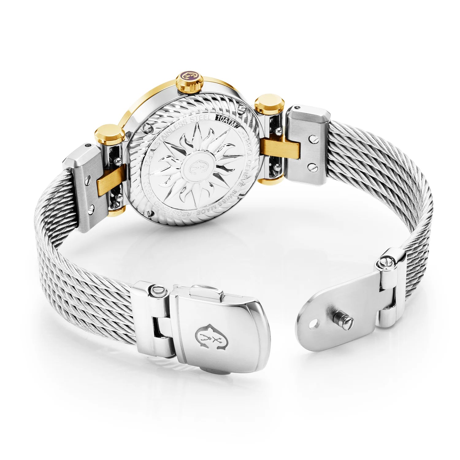 NAVIGATOR CRUISE28MM, CALIBRE QUARTZ, NACRE AVEC CADRAN DE 12 DIAMANTS, BEZEL "CHARRIOL CHARRIOL ", BRACELET INTERCHANGEABLE CABLE ACIER - Charriol Geneve - Montres