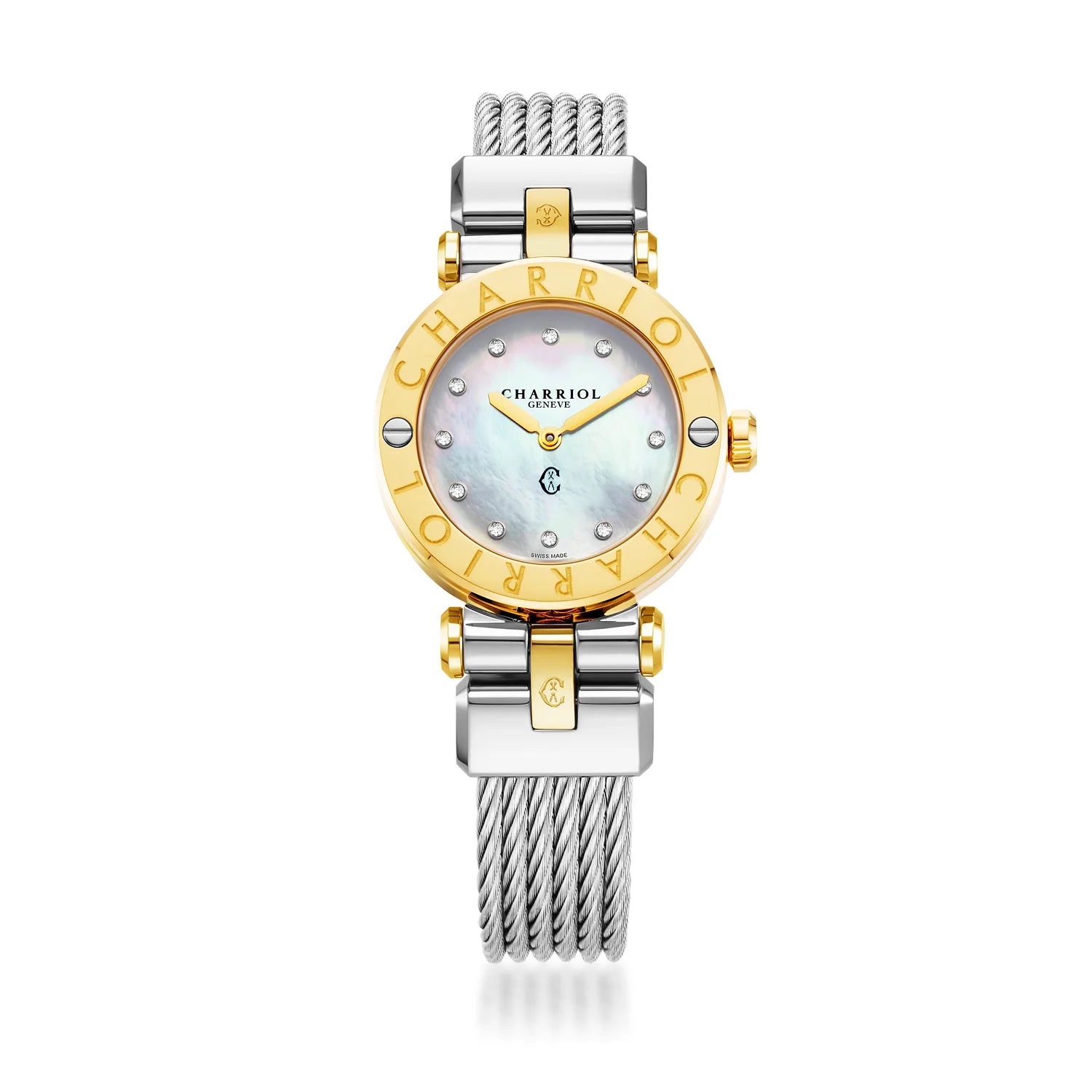 NAVIGATOR CRUISE28MM, CALIBRE QUARTZ, NACRE AVEC CADRAN DE 12 DIAMANTS, BEZEL "CHARRIOL CHARRIOL ", BRACELET INTERCHANGEABLE CABLE ACIER - Charriol Geneve - Montres