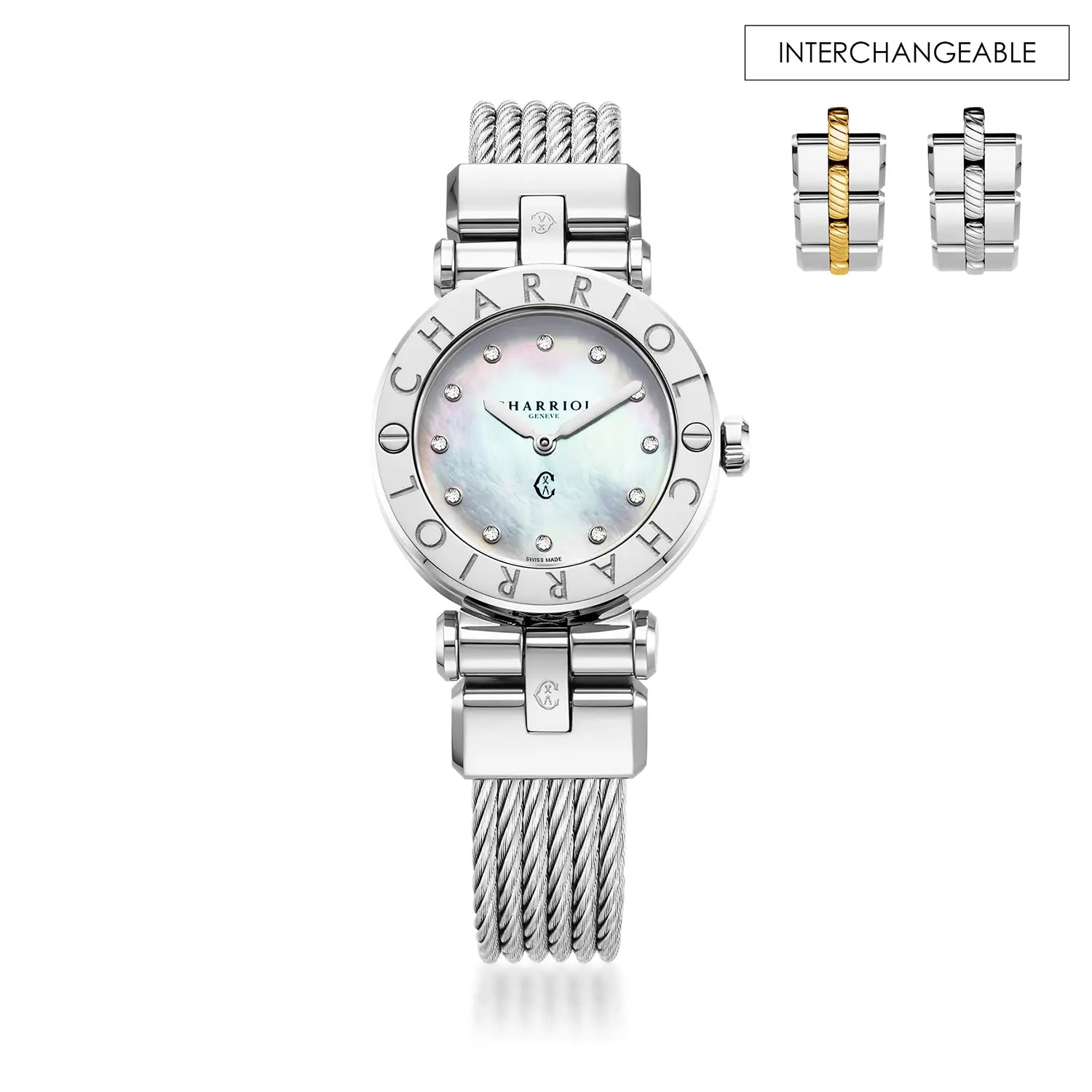 NAVIGATOR CRUISE28MM, CALIBRE QUARTZ, NACRE AVEC CADRAN DE 12 DIAMANTS, BEZEL "CHARRIOL CHARRIOL ", BRACELET INTERCHANGEABLE CABLE ACIER - Charriol Geneve - Montres