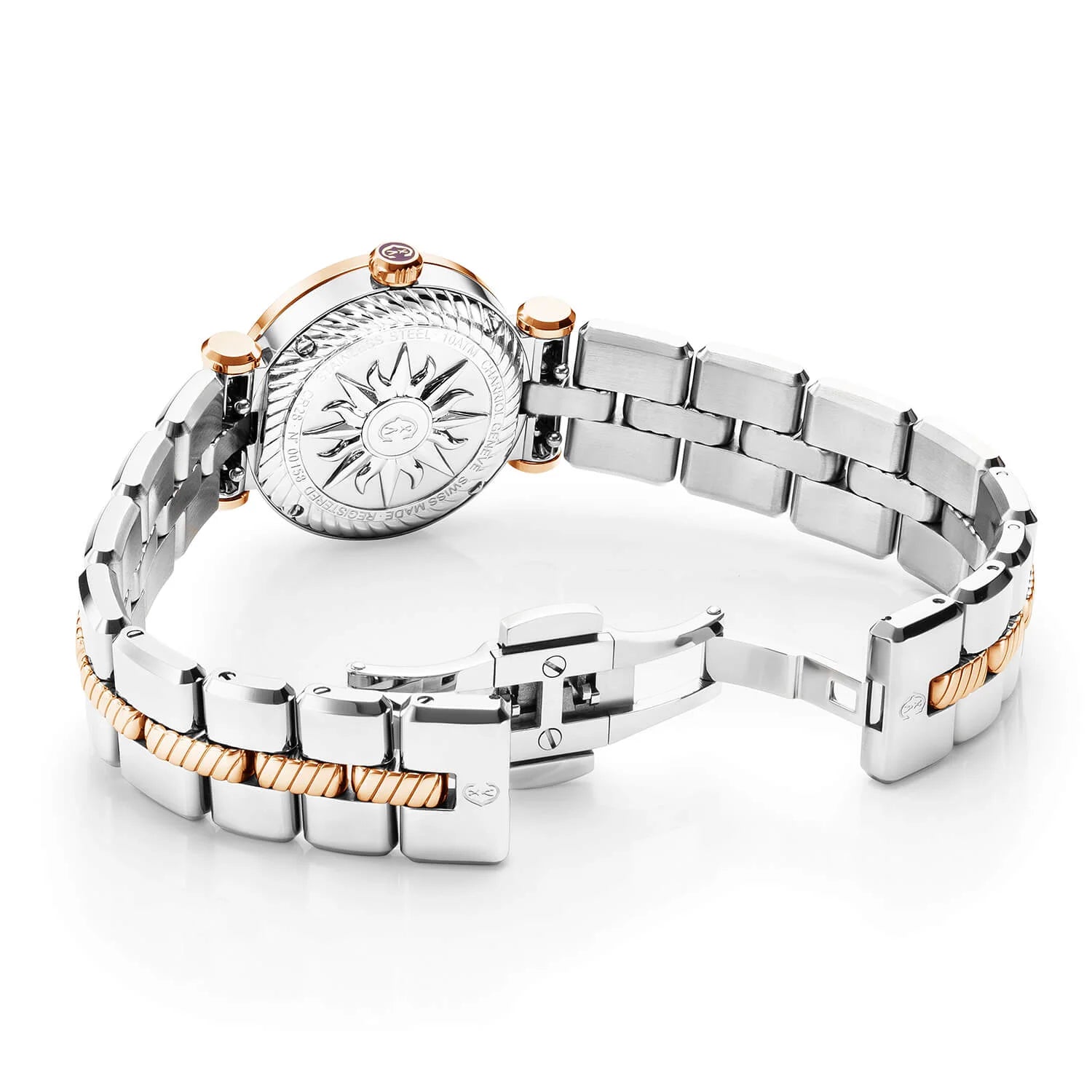 NAVIGATOR CRUISE, 28MM, QUARTZ CALIBRE, WHITE MOTHER OF PEARL WITH 12 DIAMONDS DIAL, STEEL ROSE GOLD PVD "CHARRIOL CHARRIOL" WITH 2 SCREWS BEZEL, METAL BICOLOR INTERCHANGEABLE BRACELET - © 2024 Charriol -  Watch