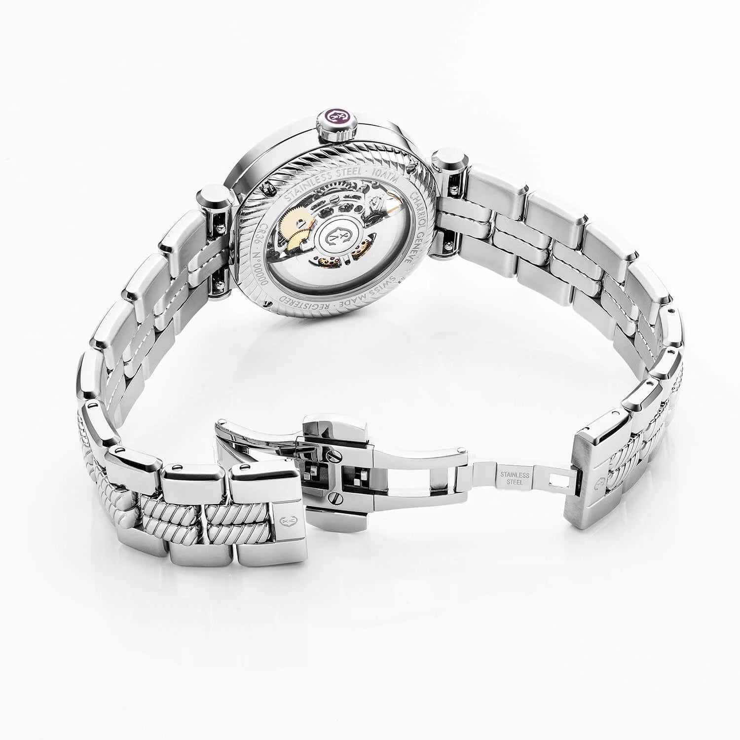 NAVIGATOR CRUISE36MM, CHARRIOL SKELETON CALIBRE AUTOMATIQUE, CRISTAL AVEC CADRAN INDEX DE 12 DIAMANTS, ACIER AVEC 30 DIAMANTS FULLCUTS & 6 DIAMANTS, BRACELET INTERCHANGEABLE EN MÉTAL - © 2024 Charriol - Montres
