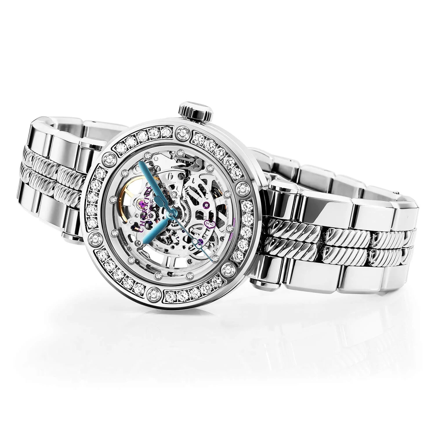 NAVIGATOR CRUISE36MM, CHARRIOL SKELETON CALIBRE AUTOMATIQUE, CRISTAL AVEC CADRAN INDEX DE 12 DIAMANTS, ACIER AVEC 30 DIAMANTS FULLCUTS & 6 DIAMANTS, BRACELET INTERCHANGEABLE EN MÉTAL - © 2024 Charriol - Montres