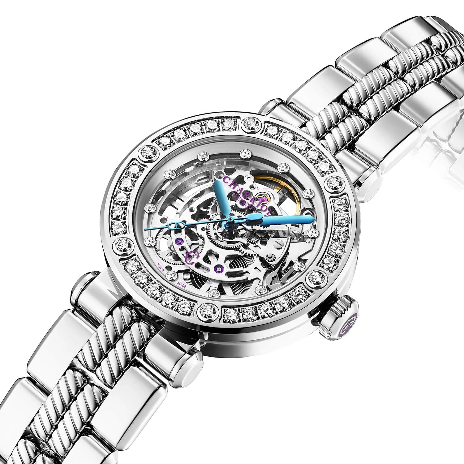 NAVIGATOR CRUISE36MM, CHARRIOL SKELETON CALIBRE AUTOMATIQUE, CRISTAL AVEC CADRAN INDEX DE 12 DIAMANTS, ACIER AVEC 30 DIAMANTS FULLCUTS & 6 DIAMANTS, BRACELET INTERCHANGEABLE EN MÉTAL - © 2024 Charriol - Montres