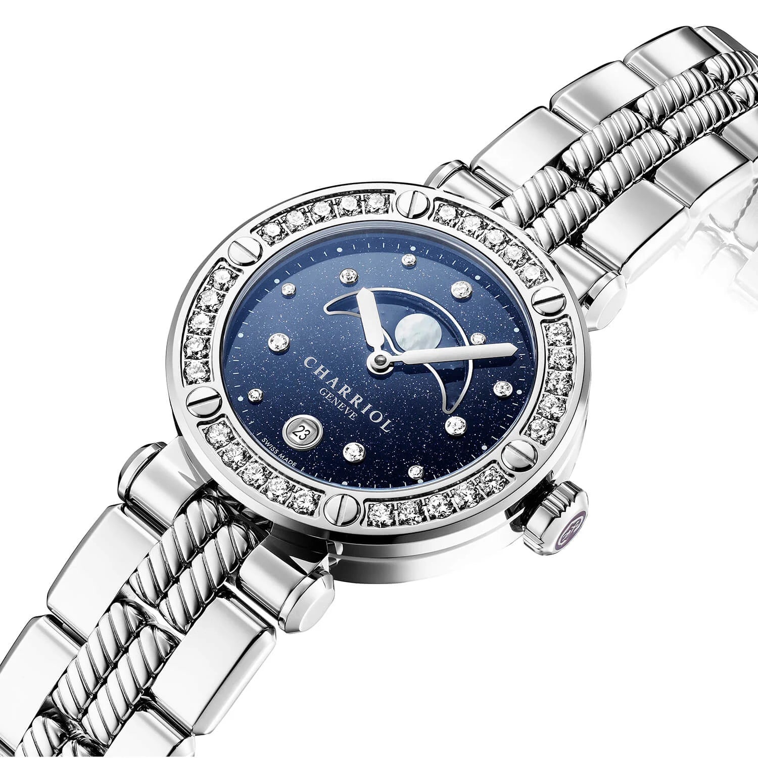 NAVIGATOR CRUISE, 36MM, MOONPHASE QUARTZ CALIBRE, AVENTURINE PRINTED WITH 11 DIAMONDS DIAL, STEEL WITH 30 DIAMONDS AND 6 SCREWS BEZEL, METAL INTERCHANGEABLE BRACELET - © 2024 Charriol -  Watch