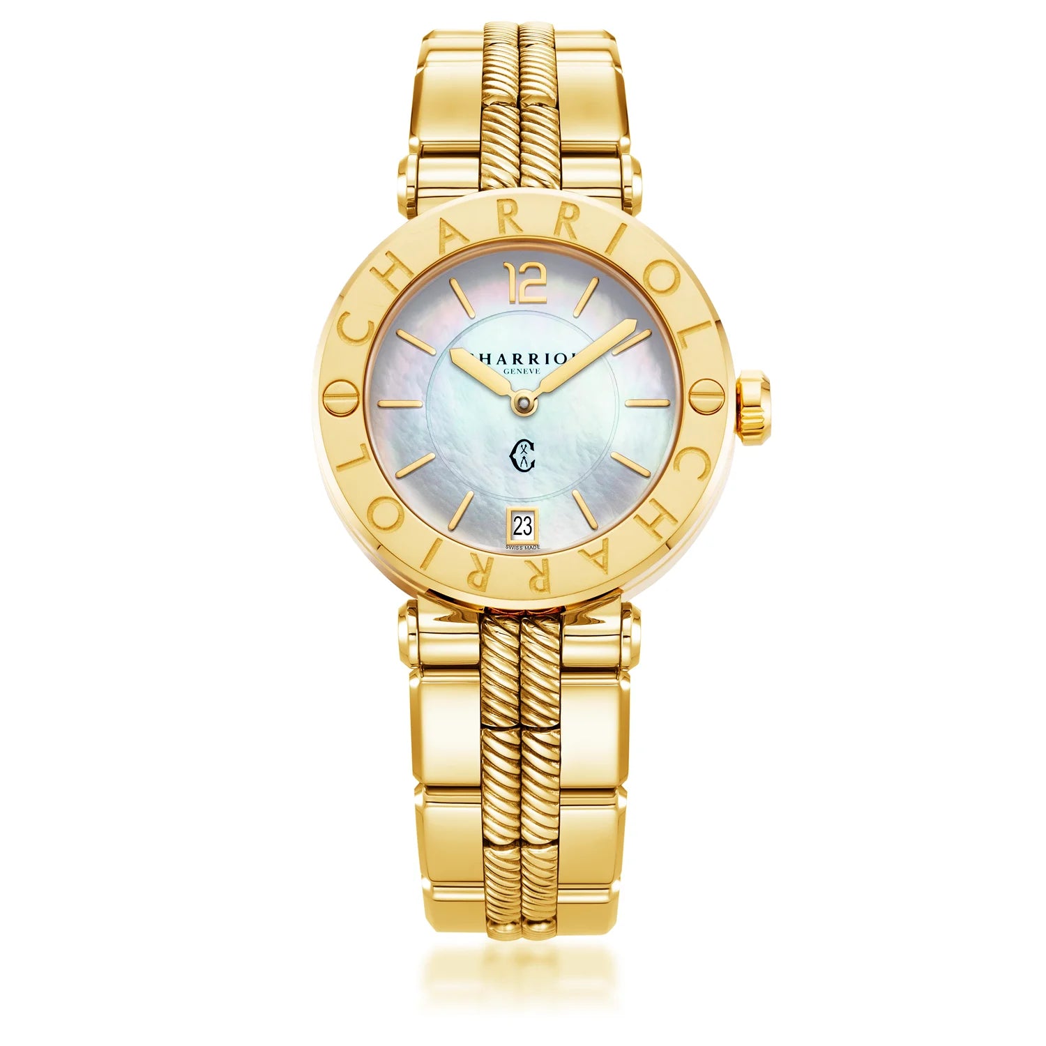 NAVIGATOR CRUISE36MM, CALIBRE QUARTZ, CADRAN NACRE, "CHARRIOL CHARRIOL " BEZEL, BRACELET INTERCHANGEABLE ACIER OR JAUNE PVD - Charriol Geneve - Montres