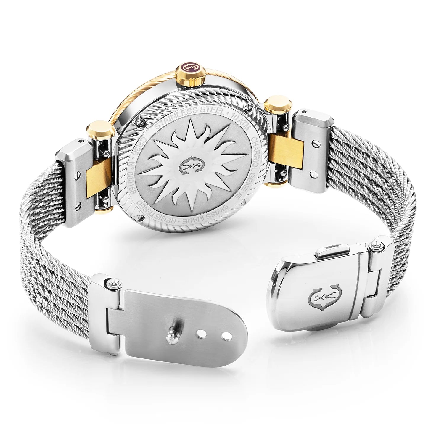 NAVIGATOR CRUISE36MM, CALIBRE QUARTZ, CADRAN NACRE, BEZEL "CHARRIOL CHARRIOL ", BRACELET INTERCHANGEABLE CABLE ACIER - Charriol Geneve - Montres