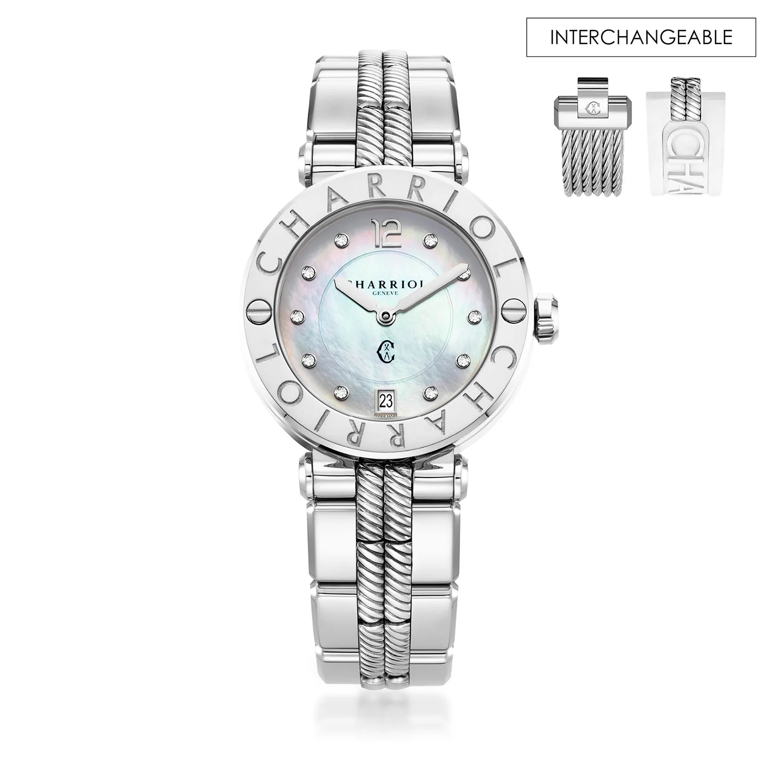 NAVIGATOR CRUISE36MM, CALIBRE QUARTZ, CADRAN EN NACRE AVEC 10 DIAMANTS, "CHARRIOL CHARRIOL " BEZEL, BRACELET INCHANGEABLE EN ACIER - Charriol Geneve - Montres