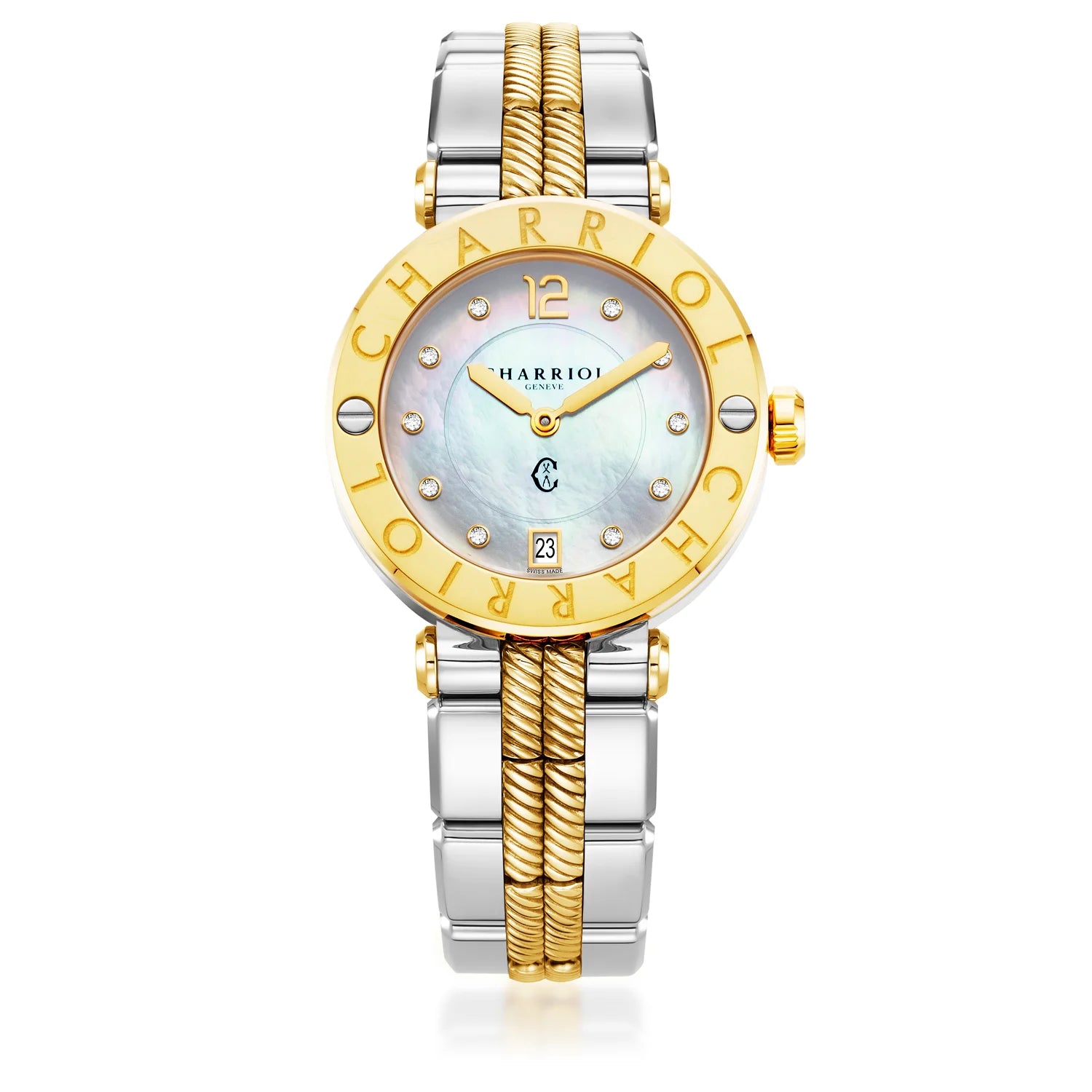 NAVIGATOR CRUISE36MM, CALIBRE QUARTZ, NACRE AVEC DIAMANT 10, BAGUE "CHARRIOL CHARRIOL ", BRACELET INTERCHANGEABLE BICOLORE - Charriol Geneve - Montres