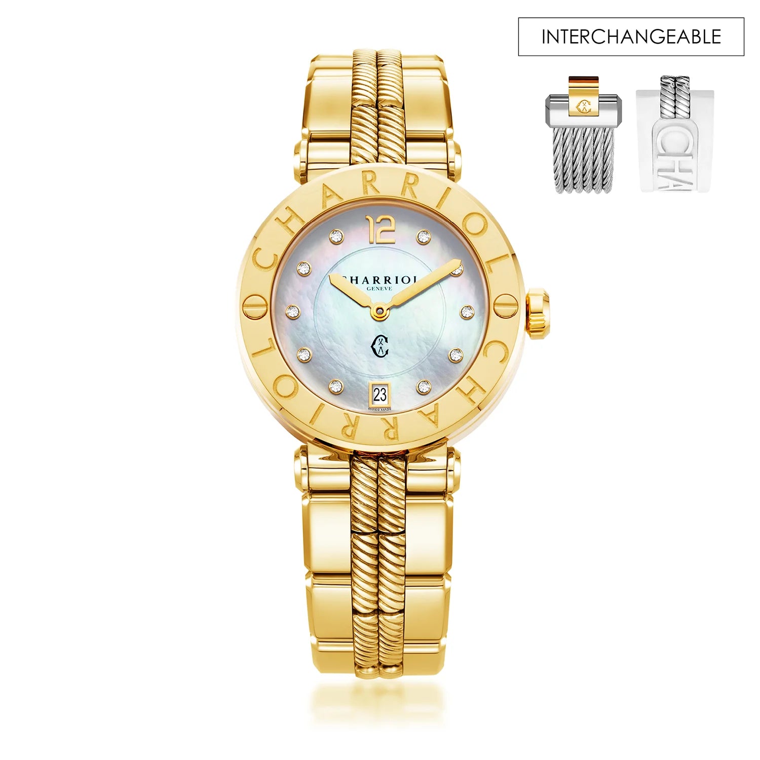 NAVIGATOR CRUISE36MM, CALIBRE QUARTZ, NACRE AVEC 10 DIAMANTS, "CHARRIOL CHARRIOL " BEZEL, BRACELET INTERCHANGEABLE ACIER OR JAUNE PVD - Charriol Geneve - Montres