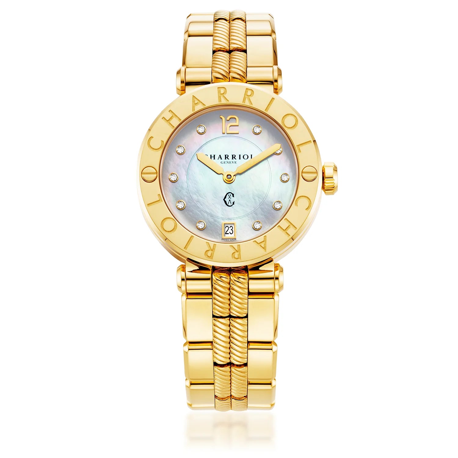 NAVIGATOR CRUISE36MM, CALIBRE QUARTZ, NACRE AVEC 10 DIAMANTS, "CHARRIOL CHARRIOL " BEZEL, BRACELET INTERCHANGEABLE ACIER OR JAUNE PVD - Charriol Geneve - Montres