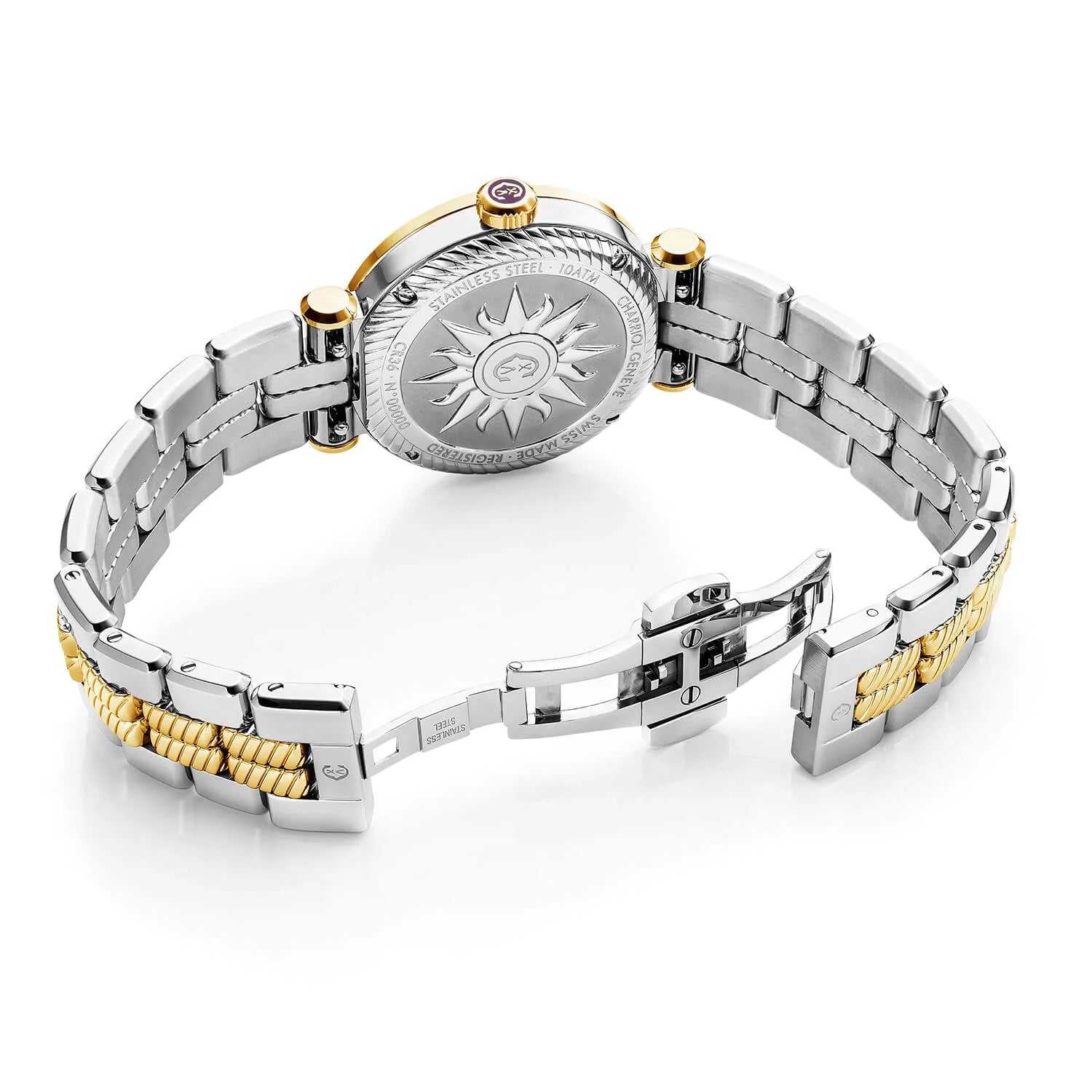 NAVIGATOR CRUISE36MM, CALIBRE QUARTZ, NACRE BLANCHE AVEC CADRAN 12 CHIFFRES ROMANS, PVD OR JAUNE ACIER AVEC 30 DIAMANTS & 6 SCREWS, BRACELET INTERCHANGEABLE BICOLORE METALLIQUE - © 2024 Charriol - Montres