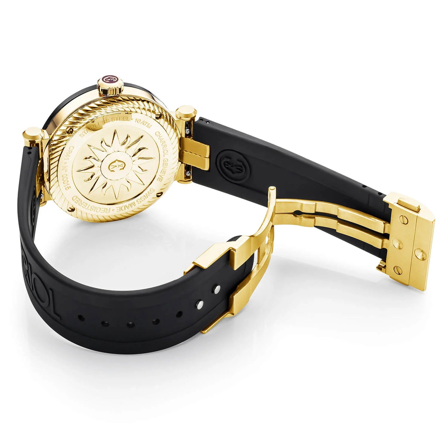 NAVIGATOR CRUISE41MM, CALIBRE QUARTZ, NOIR AVEC CADRAN JAUNE 2 ARABIC ET 9 INDEX, PVD NOIR ACIER "CHARRIOL CHARRIOL " AVEC BAGUE 2 VIS, BRACELET INTERCHANGEABLE CAOUTCHOUC NOIR - © 2024 Charriol - Montres