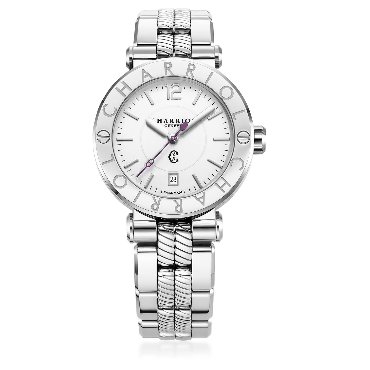 NAVIGATOR CRUISE41MM, CALIBRE AUTOMATIQUE, CADRAN BLANC, "CHARRIOL CHARRIOL " BEZEL, BRACELET INTERCHANGEABLE EN ACIER - Charriol Geneve - Montres