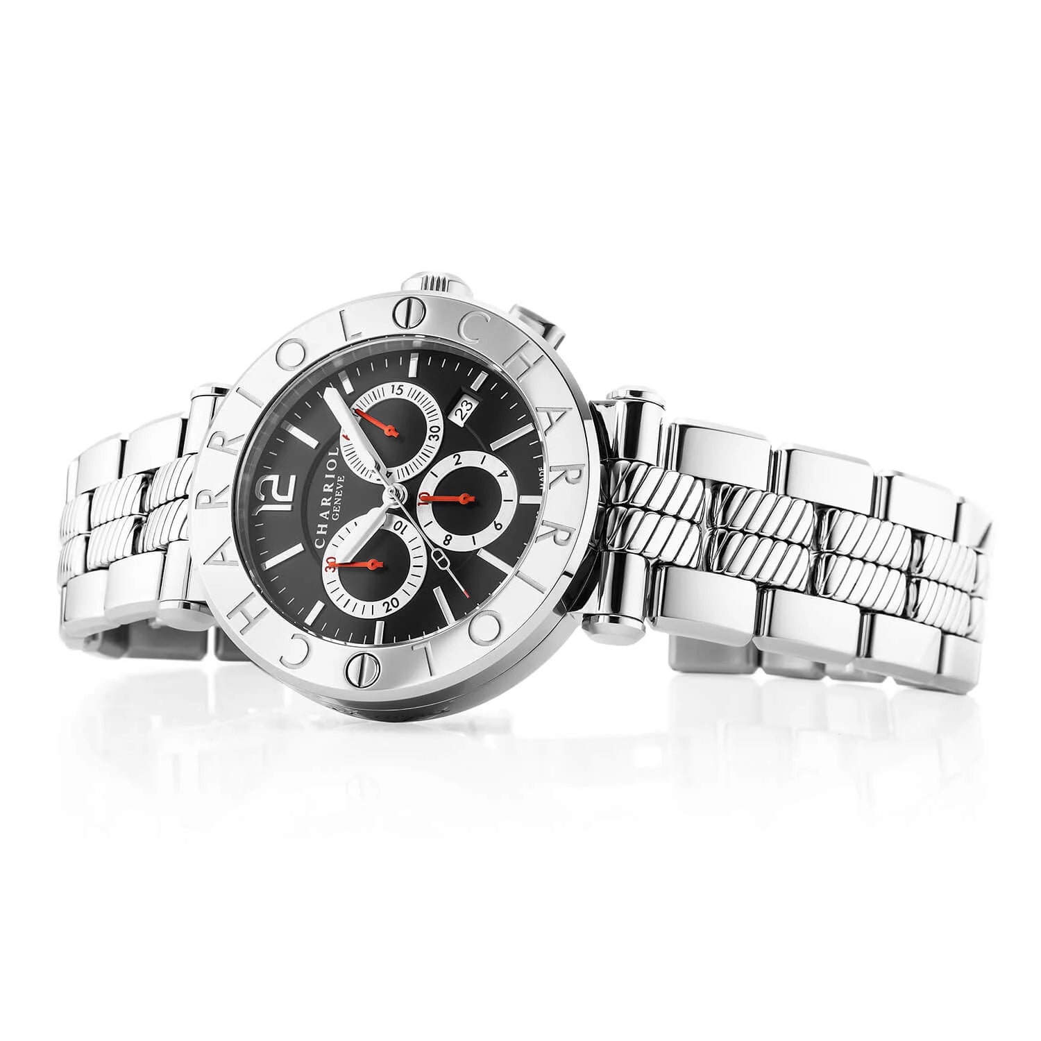 NAVIGATOR CRUISE41MM, CALIBRE CHRONOGRAPHIQUE QUARTZ, NOIR AVEC 3 MIROIRS RHODIUM & CADRAN INDEX, ZONE ACIER "CHARRIOL CHARRIOL " AVEC 2 VIS, BRACELET METALLIQUE INTERCHANGEABLE - © 2024 Charriol - Montres