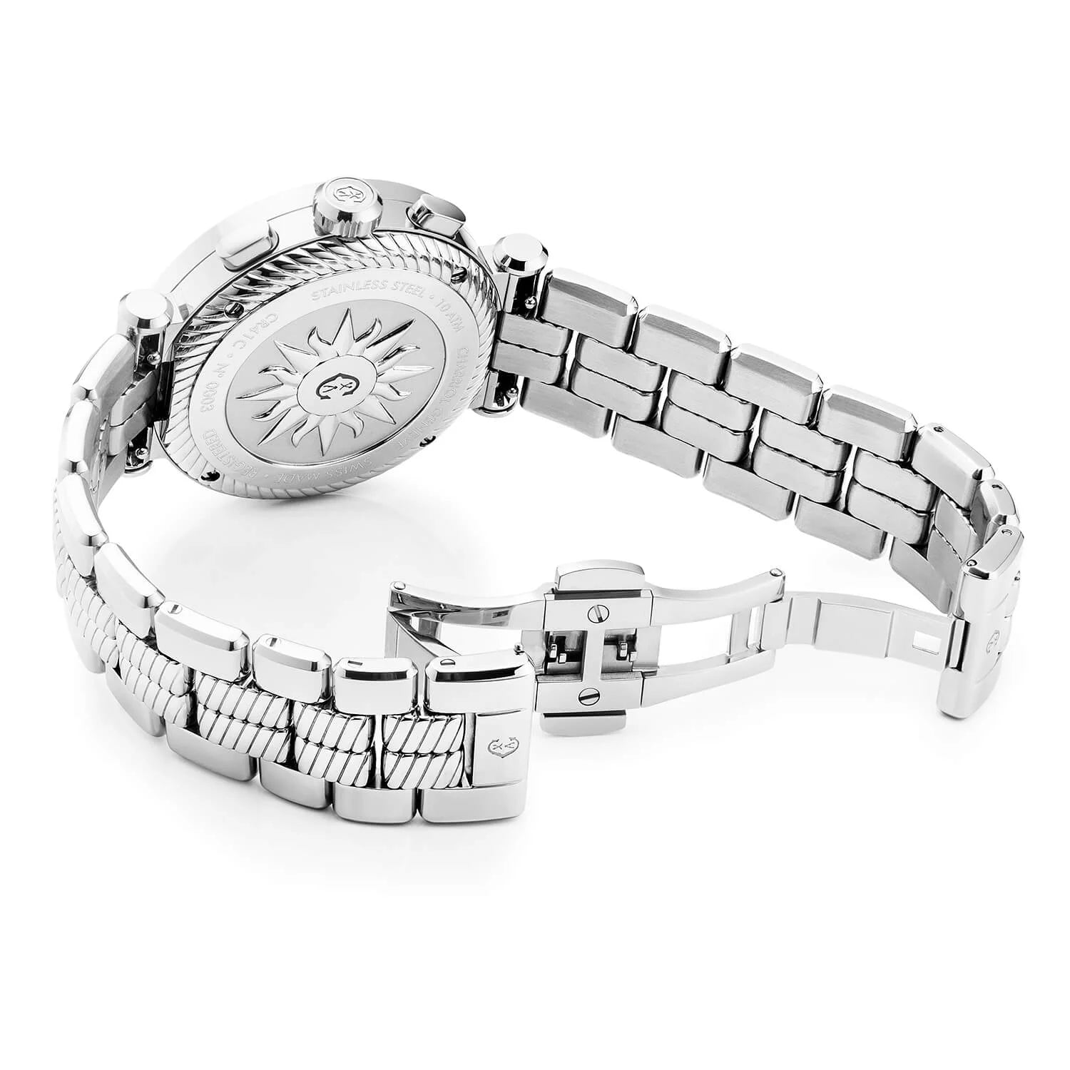 NAVIGATOR CRUISE41MM, CALIBRE CHRONOGRAPHIQUE QUARTZ, NOIR AVEC 3 MIROIRS RHODIUM & CADRAN INDEX, ZONE ACIER "CHARRIOL CHARRIOL " AVEC 2 VIS, BRACELET METALLIQUE INTERCHANGEABLE - © 2024 Charriol - Montres