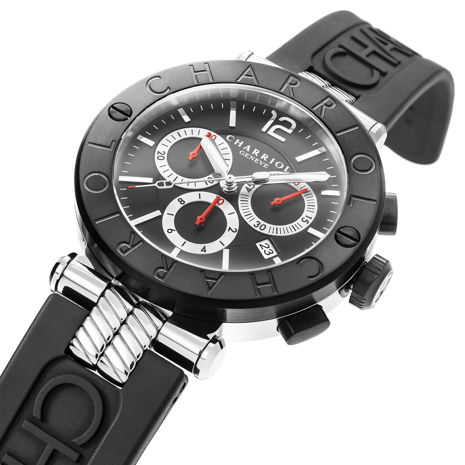 NAVIGATOR CRUISE41MM, CALIBRE CHRONOGRAPHIQUE QUARTZ, CADRAN NOIR AVEC CROIX ROUGE, ACIER PVD NOIR "CHARRIOL CHARRIOL " BEZEL, BRACELET INTERCHANGEABLE EN CAOUTCHOUC NOIR - © 2024 Charriol - Watch