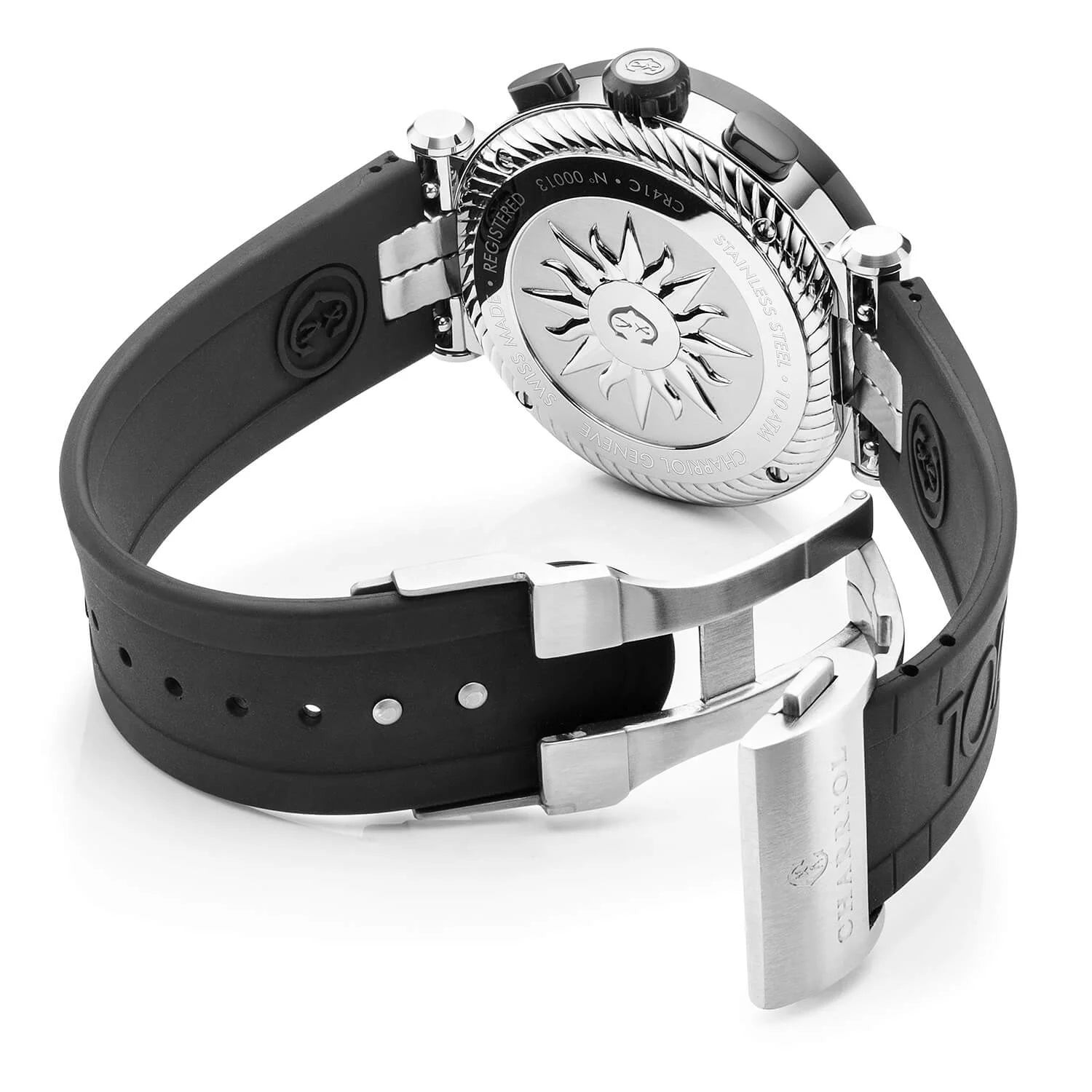 NAVIGATOR CRUISE41MM, CALIBRE CHRONOGRAPHIQUE QUARTZ, CADRAN NOIR AVEC CROIX ROUGE, ACIER PVD NOIR "CHARRIOL CHARRIOL " BEZEL, BRACELET INTERCHANGEABLE EN CAOUTCHOUC NOIR - © 2024 Charriol - Watch
