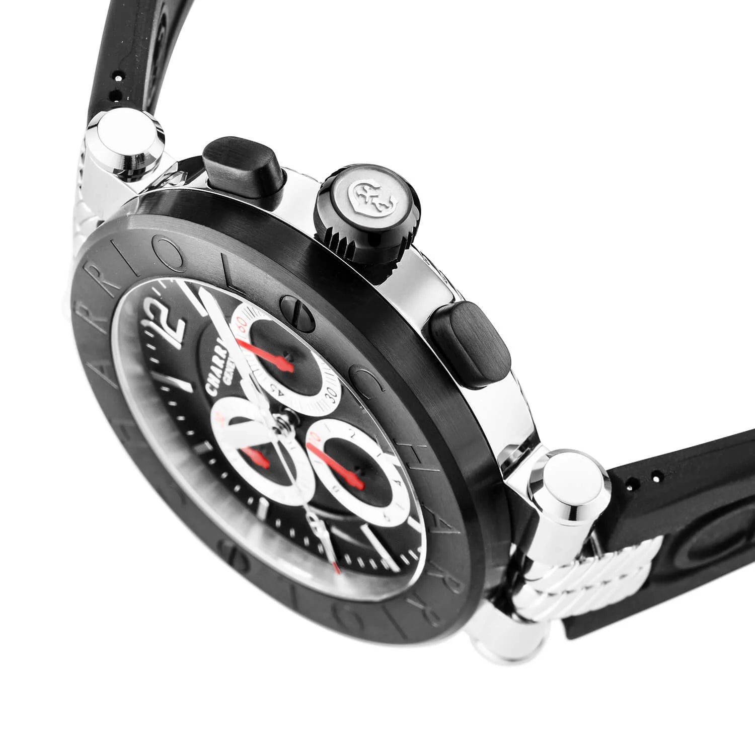 NAVIGATOR CRUISE41MM, CALIBRE CHRONOGRAPHIQUE QUARTZ, CADRAN NOIR AVEC CROIX ROUGE, ACIER PVD NOIR "CHARRIOL CHARRIOL " BEZEL, BRACELET INTERCHANGEABLE EN CAOUTCHOUC NOIR - © 2024 Charriol - Watch