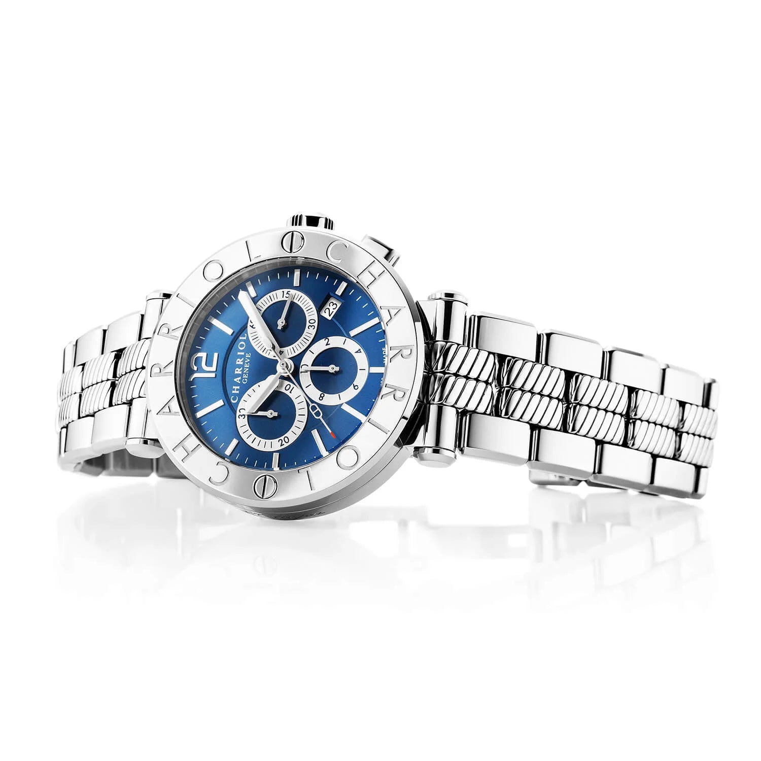 NAVIGATOR CRUISE41MM, QUARTZ CHRONOGRPH CALIBRE, BLEU AVEC 3 MIROIRS EN RHODIUM & CADRAN INDEX, ZONE EN ACIER "CHARRIOL CHARRIOL " AVEC 2 VIS, BRACELET INTERCHANGEABLE EN ACIER - © 2024 Charriol - Montres