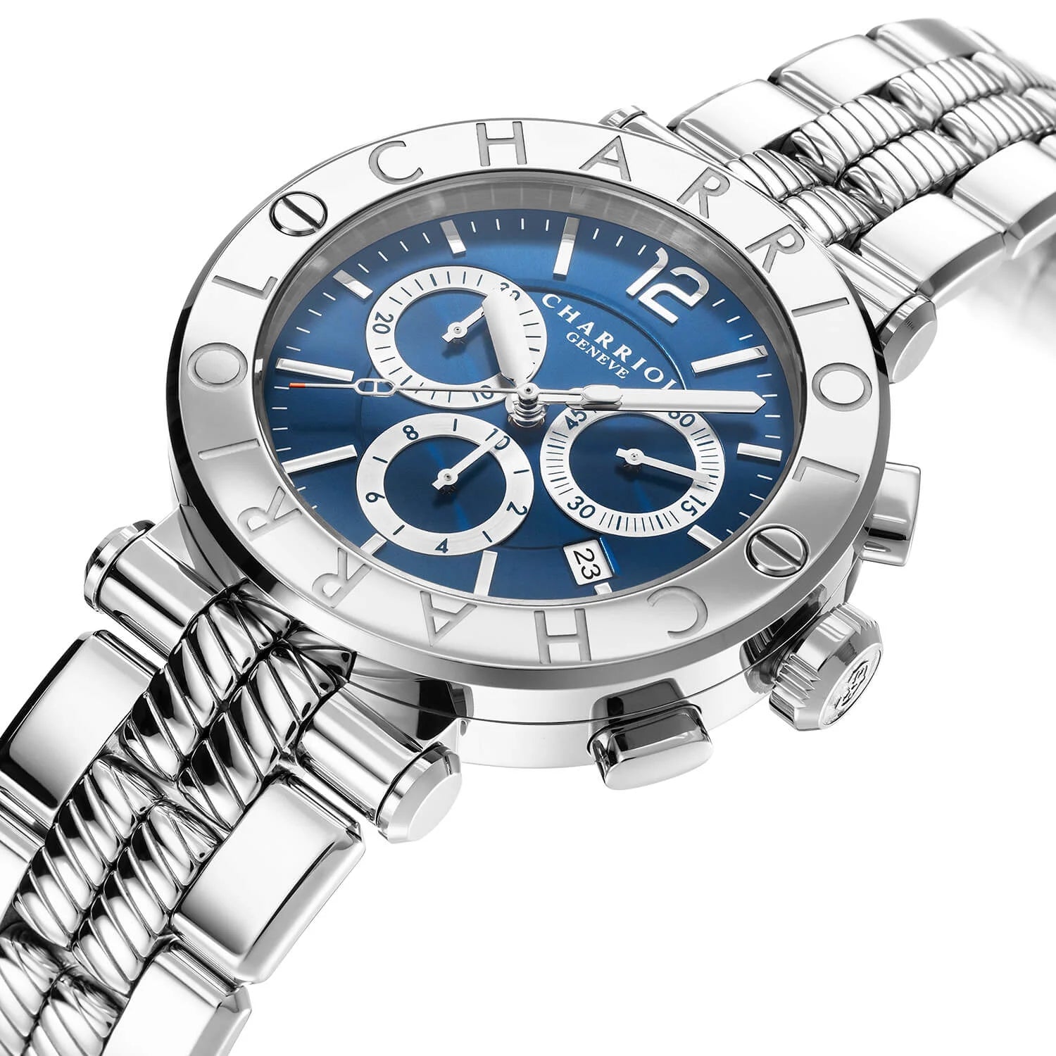NAVIGATOR CRUISE41MM, QUARTZ CHRONOGRPH CALIBRE, BLEU AVEC 3 MIROIRS EN RHODIUM & CADRAN INDEX, ZONE EN ACIER "CHARRIOL CHARRIOL " AVEC 2 VIS, BRACELET INTERCHANGEABLE EN ACIER - © 2024 Charriol - Montres