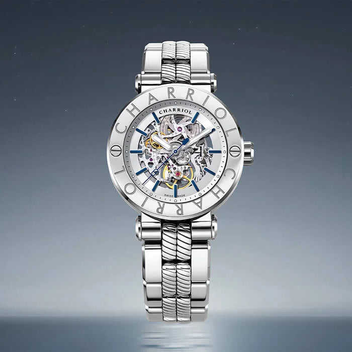 SKELETON, 41MM, CHARRIOL CALIBRE, STEEL "CHARRIOL CHARRIOL" BEZEL, OPEN DIAL WITH 12 FACETED HOUR-MARKER AND SUPER LUMINOVA, METAL INTERCHANGEABLE BRACELET - ©2025 Philippe Charriol International Ltd. -  Watch