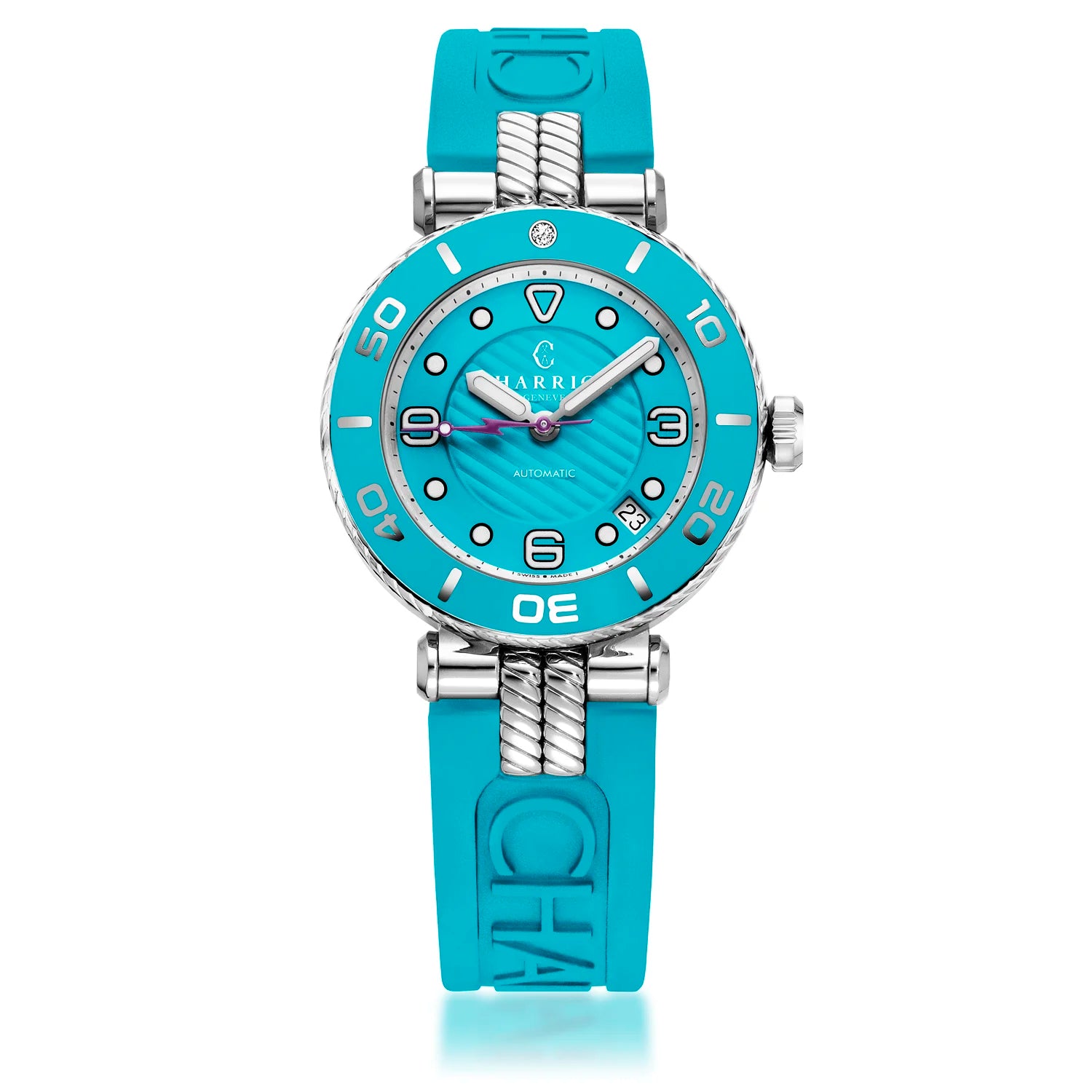 NAVIGATOR SURF, 36MM, CALIBRE AUTOMATIQUE, CADRAN TURQUOISE, BAGUE TURQUOISE, BRACELET INTERCHANGEABLE EN CAOUTCHOUC TURQUOISE - Charriol Geneve - Montre