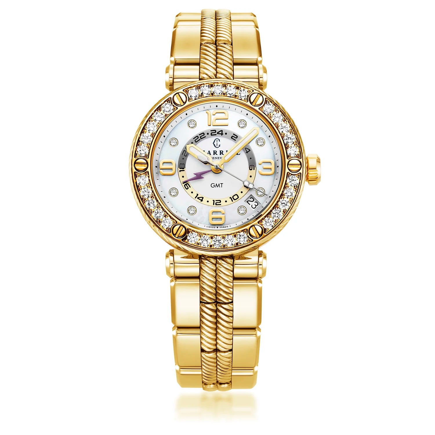 NAVIGATOR SURF GMT, 36MM, QUARTZ GMT CALIBRE, CADRAN BLANC, 30 DIAMANTS BEZEL, BRACELET INTERCHANGEABLE PVD OR JAUNE - Charriol Geneve - Montres