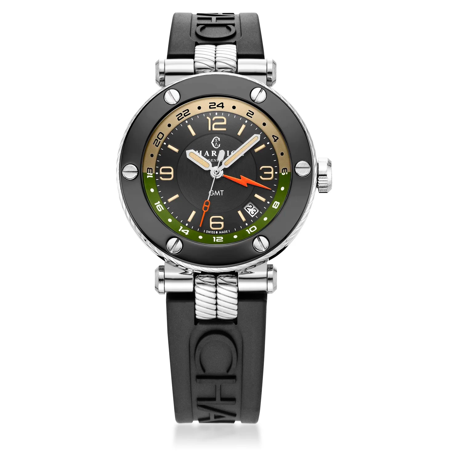 NAVIGATOR SURF GMT, 41MM, CALIBRE AUTOMATIQUE, CADRAN NOIR, ZONE 6 SCREWS, BRACELET INTERCHANGEABLE EN CAOUTCHOUC NOIR, Edition limitée x @time_mechanic - Charriol Geneve - Montre