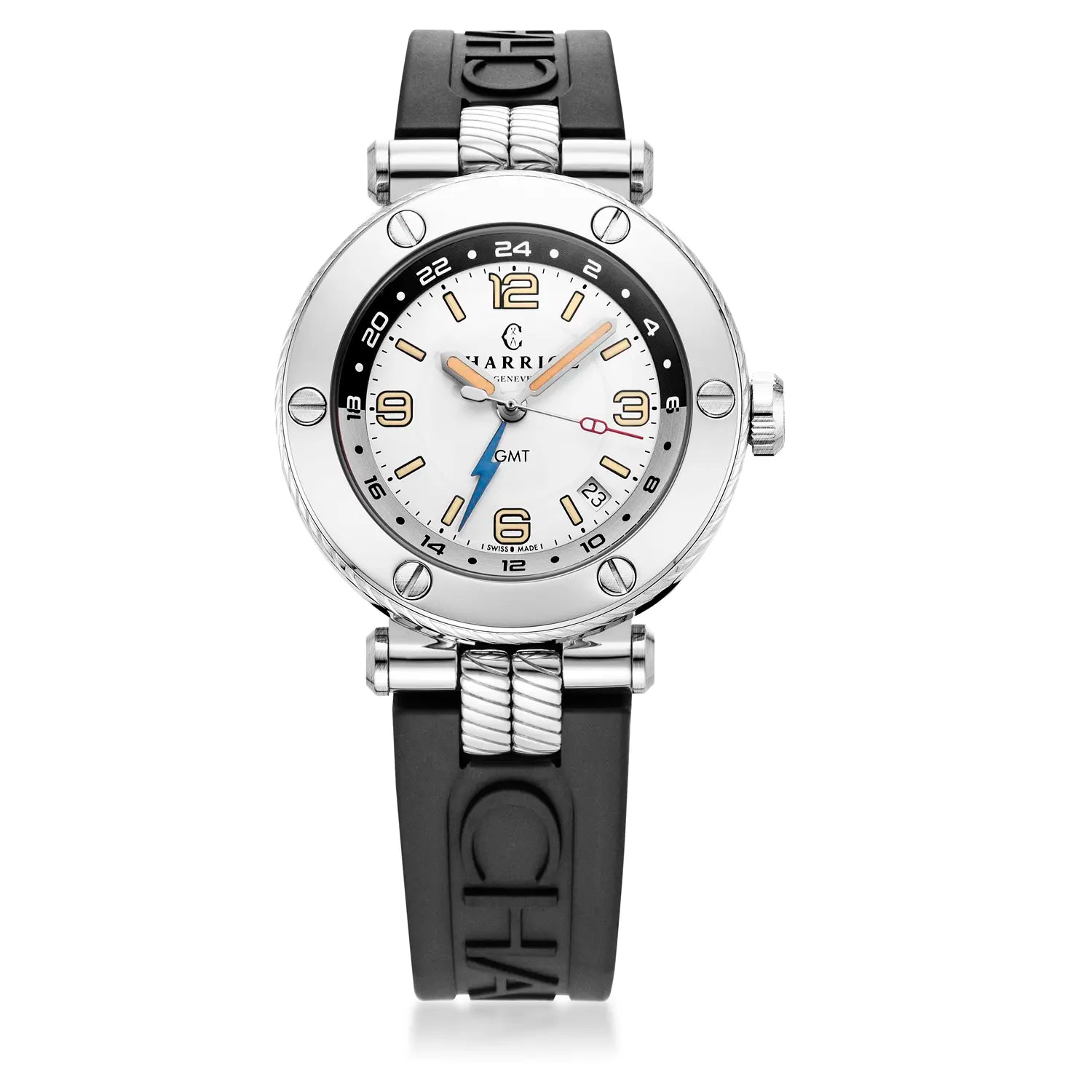 NAVIGATOR SURF GMT, 41MM, CALIBRE AUTOMATIQUE, CADRAN BLANC, ZONE 6 SCREWS, BRACELET INTERCHANGEABLE EN CAOUTCHOUC NOIR - Charriol Geneve - Montres