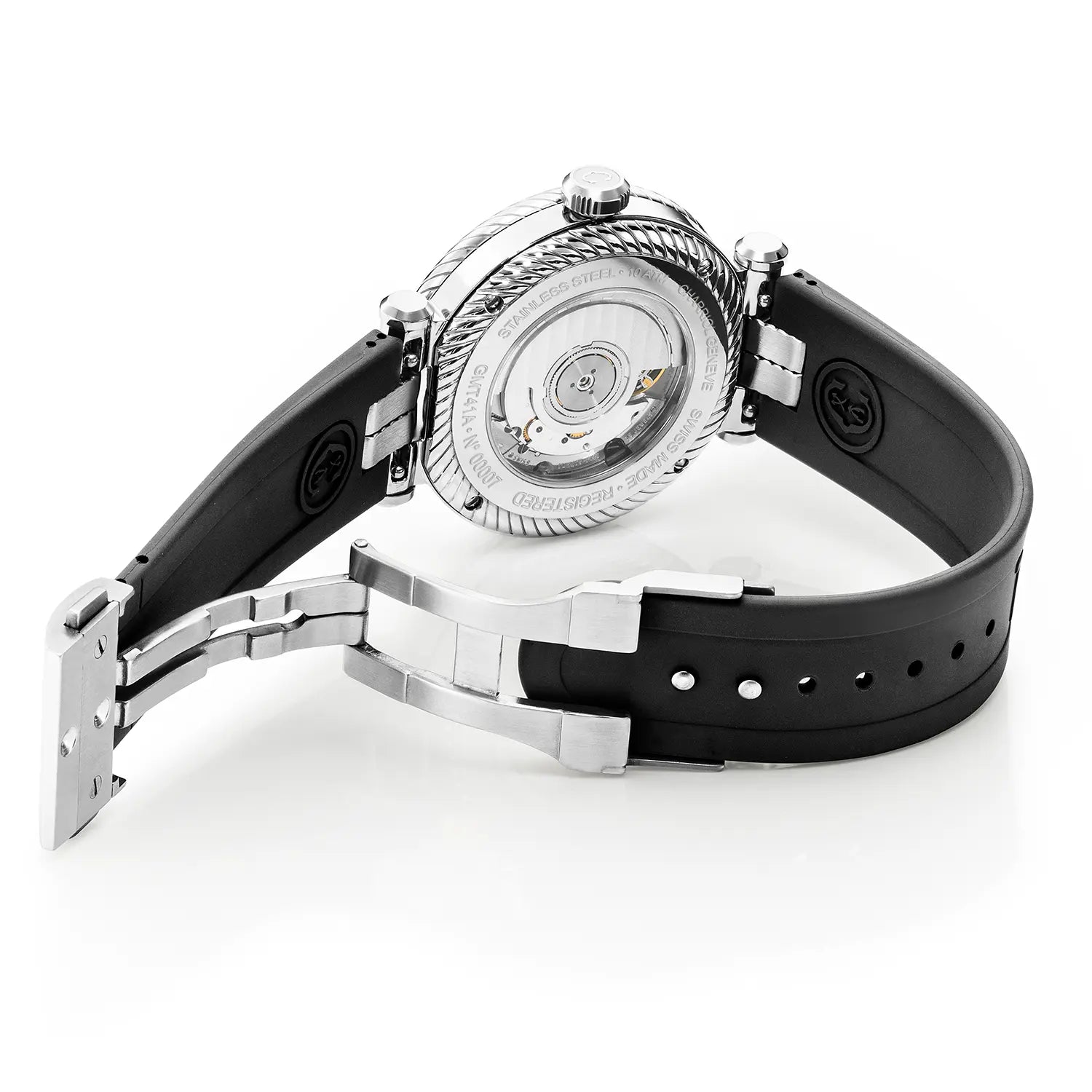 NAVIGATOR SURF GMT, 41MM, CALIBRE AUTOMATIQUE, CADRAN BLANC, ZONE 6 SCREWS, BRACELET INTERCHANGEABLE EN CAOUTCHOUC NOIR - Charriol Geneve - Montres