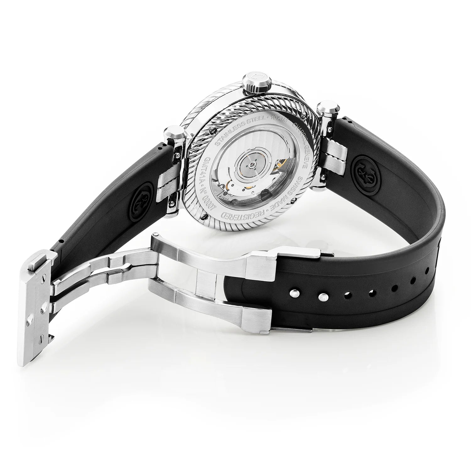 NAVIGATOR SURF GMT, 41MM, CALIBRE AUTOMATIQUE, CADRAN BLANC, ZONE 6 SCREWS, BRACELET INTERCHANGEABLE EN CAOUTCHOUC NOIR - Charriol Geneve - Montres