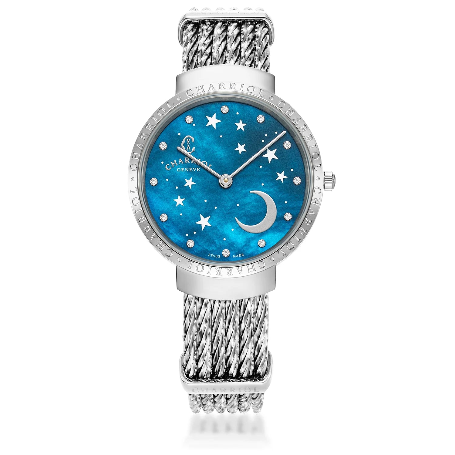 SLIM, 34MM, CALIBRE QUARTZ, NACRE BLEUE AVEC 12 DIAMANTS, "CHARRIOL CHARRIOL " BEZEL, BRACELET CABLE ACIER - Charriol Geneve - Montres