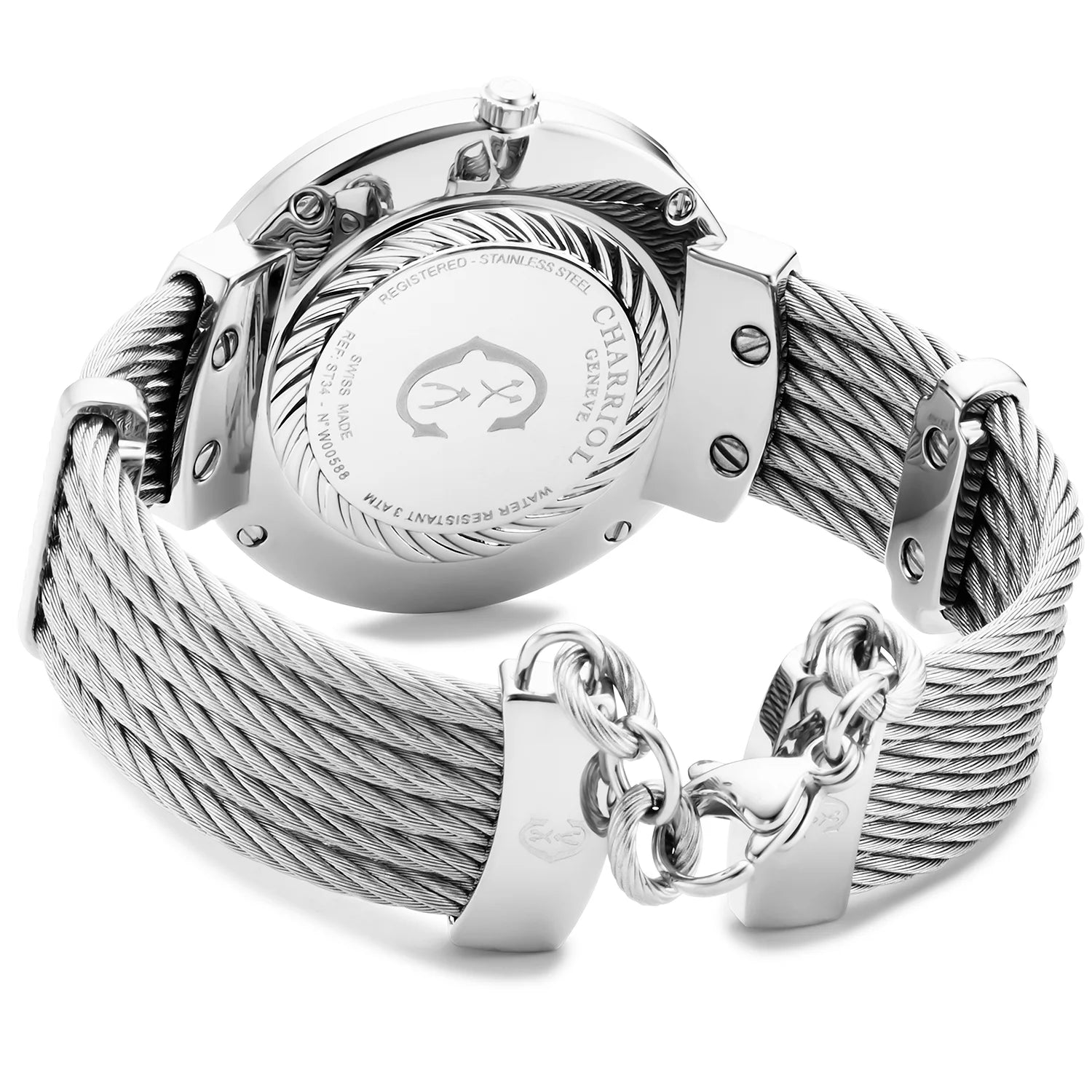 SLIM, 34MM, CALIBRE QUARTZ, NACRE AVEC CADRAN 12 DIAMANTS, BEZEL "CHARRIOL CHARRIOL ", BRACELET CABLE ACIER - Charriol Geneve - Montres