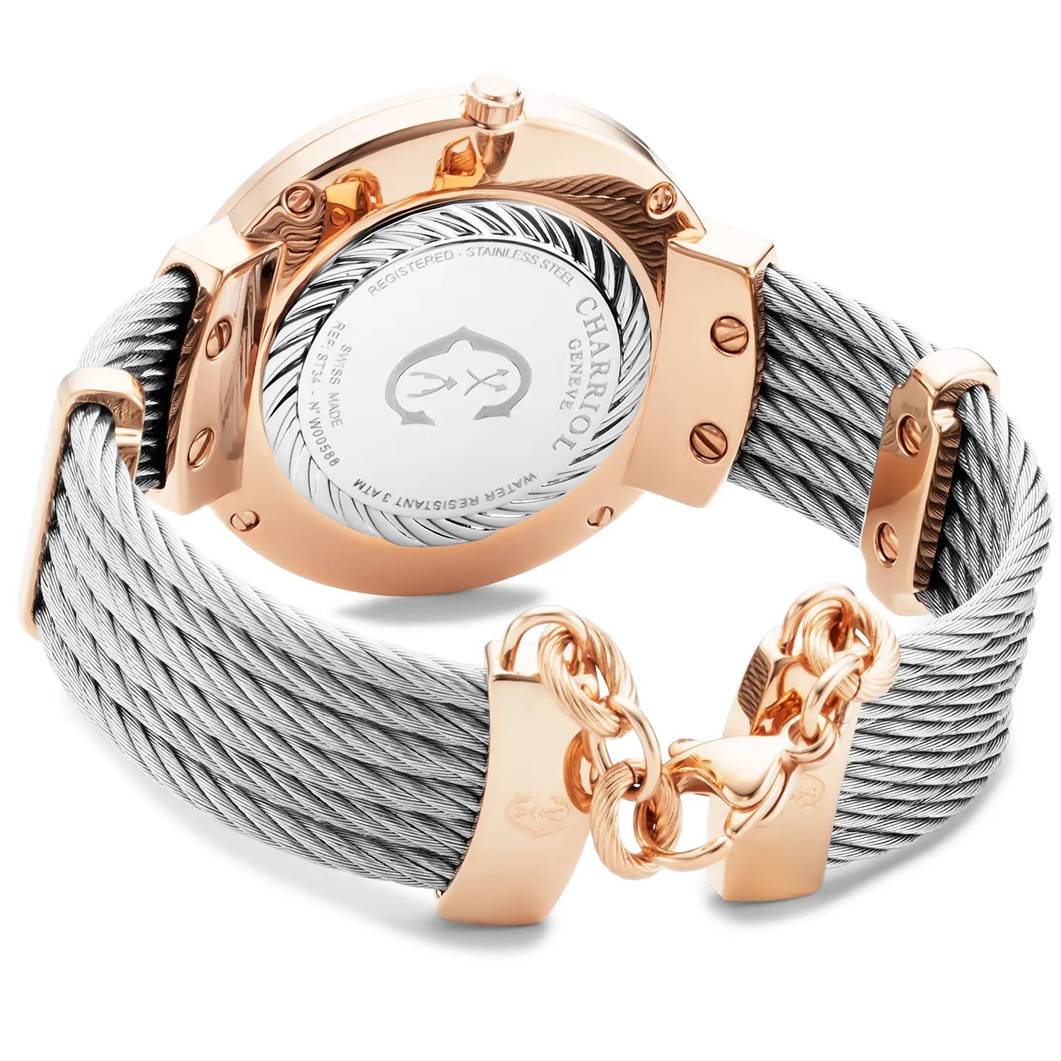 SLIM, 34MM, CALIBRE QUARTZ, NACRE AVEC CADRAN 12 DIAMANTS, BEZEL "CHARRIOL CHARRIOL ", BRACELET CABLE ACIER - Charriol Geneve - Montres