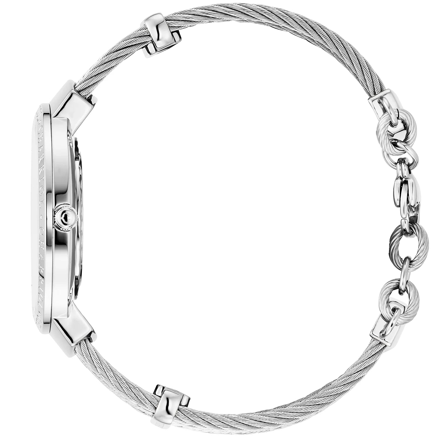 SLIM, 34MM, CALIBRE QUARTZ, NACRE AVEC CADRAN 12 DIAMANTS, BEZEL "CHARRIOL CHARRIOL ", BRACELET CABLE ACIER - Charriol Geneve - Montres