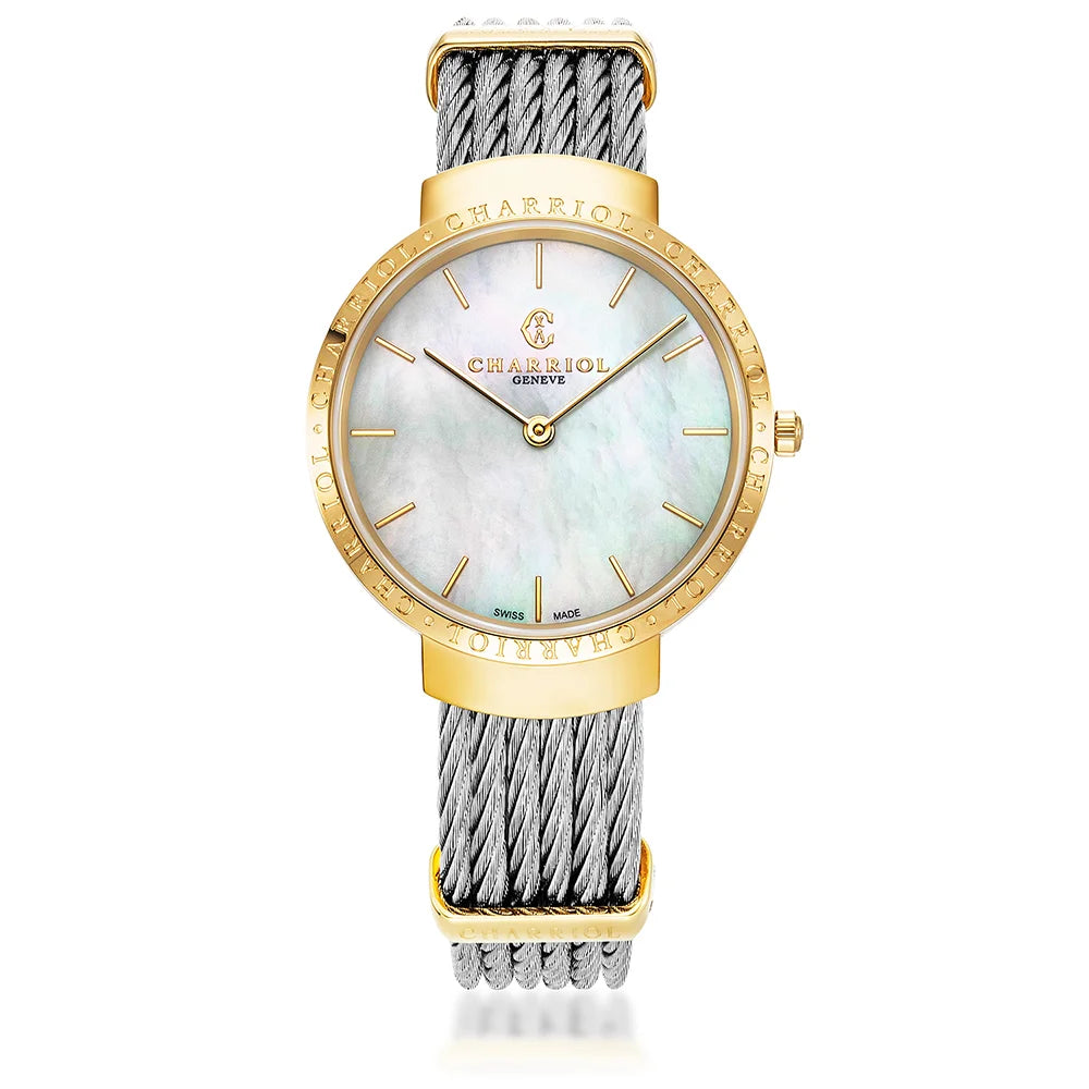 SLIM, 34MM, QUARTZ CALIBRE, WHITE MOTHER-OF-PEARL DIAL, STEEL YELLOW GOLD PVD "CHARRIOL CHARRIOL" BEZEL, STEEL CABLE BRACELET - ©2025 Philippe Charriol International Ltd. -  Watch