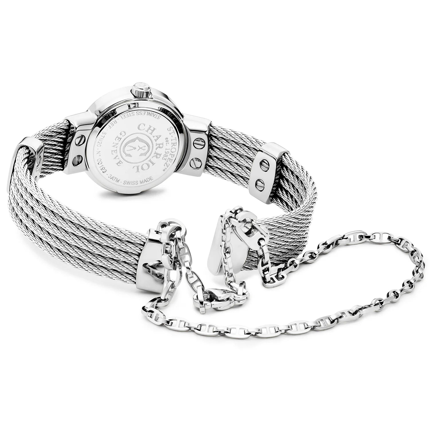 ST TROPEZ20MM, CALIBRE QUARTZ, CADRAN NACRE, BEZEL ACIER AVEC 24 DIAMANTS, BRACELET CABLE ACIER - Charriol Geneve - Montres