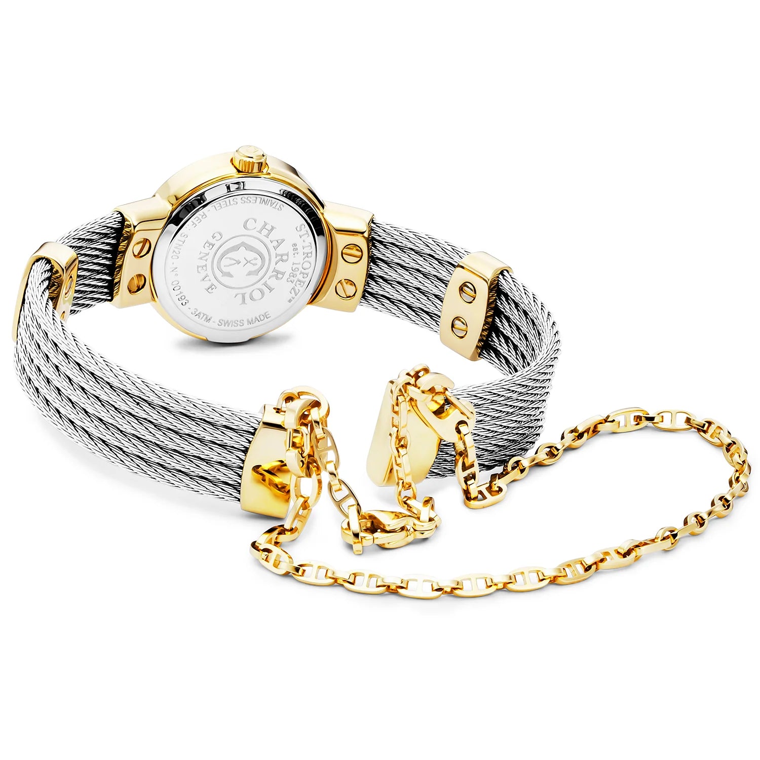 ST TROPEZ20MM, CALIBRE QUARTZ, CADRAN NACRE, PVD OR JAUNE AVEC 24 DIAMANTS, BRACELET CABLE ACIER - Charriol Geneve - Montres