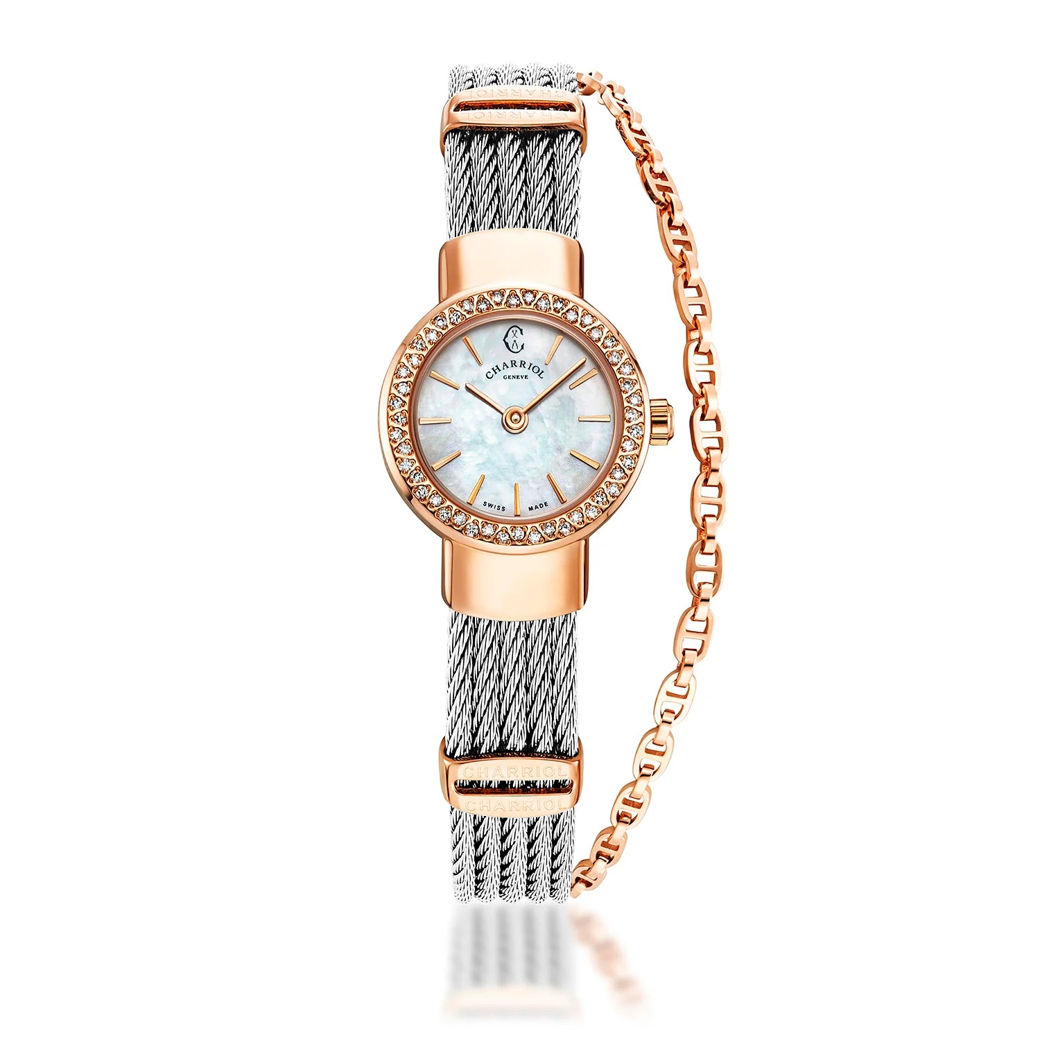 St Tropez Montre Icon 20mm PVD or rose, câble acier, lunette 48 diamants et cadran MOP blanc - Charriol Geneve - Montres