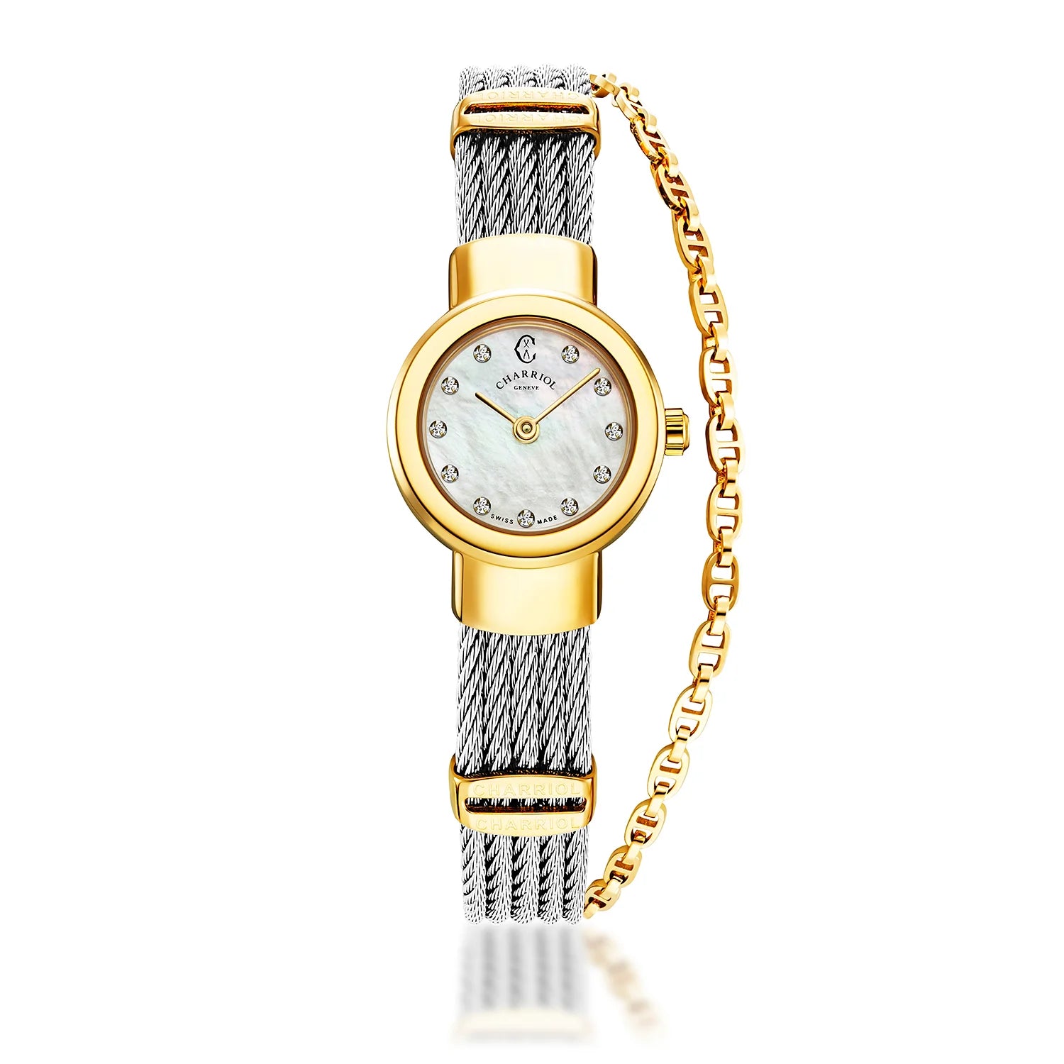 ST TROPEZ, 20MM, CALIBRE QUARTZ, NACRE BLANCHE AVEC CADRAN 11 DIAMANTS, BEZEL ACIER PVD OR JAUNE, BRACELET CABLE ACIER - Charriol Geneve - Montres