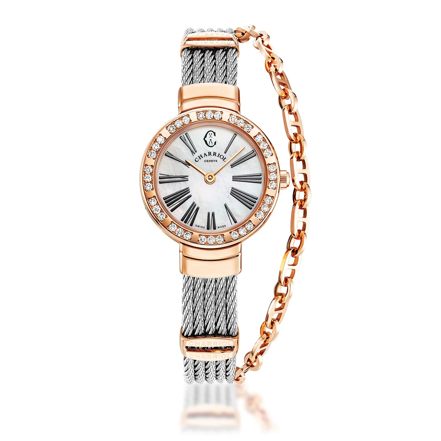 ST TROPEZ, 25MM, QUARTZ CALIBRE, MOTHER-OF-PEARL DIAL, ROSE GOLD PVD WITH 36 DIAMONDS BEZEL, STEEL CABLE BRACELET - Charriol Geneve -  Watch