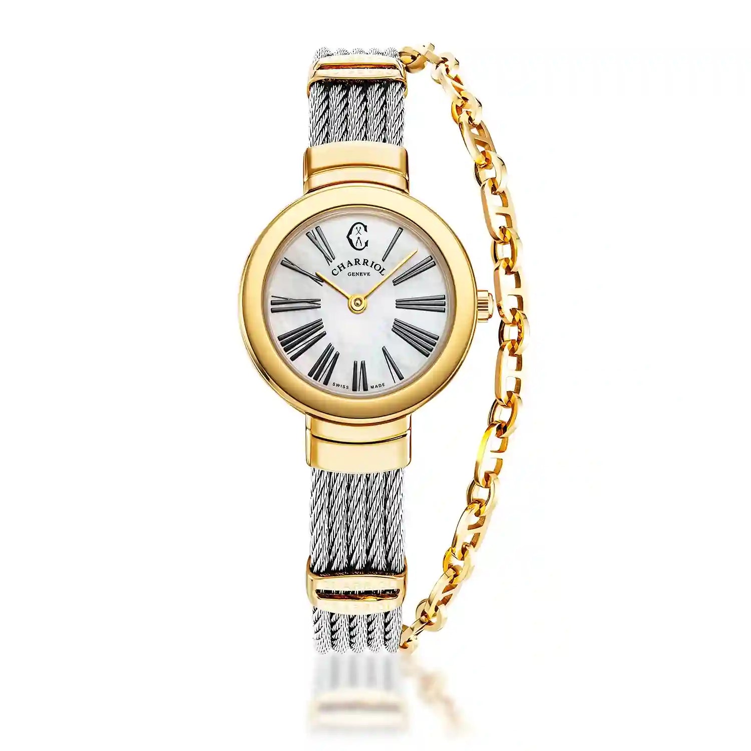 ST TROPEZ®, 25MM, CALIBRE QUARTZ, CADRAN NACRE, LUNETTE PVD OR JAUNE, BRACELET CÂBLE ACIER