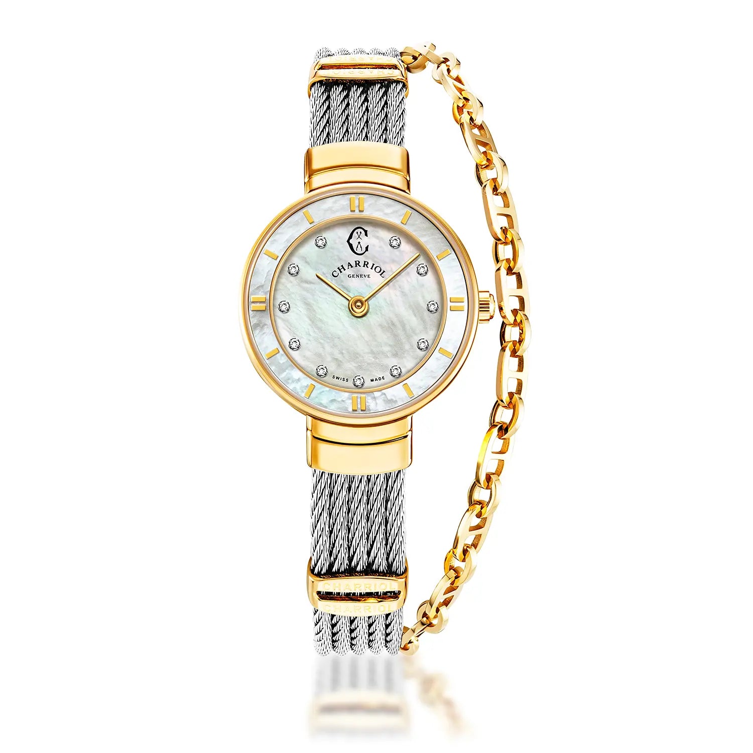 ST TROPEZCALIBRE QUARTZ, NACRE AVEC 11 DIAMANTS, BEZEL PVD OR JAUNE, BRACELET CABLE ACIER, 25MM - Charriol Geneve - Montres