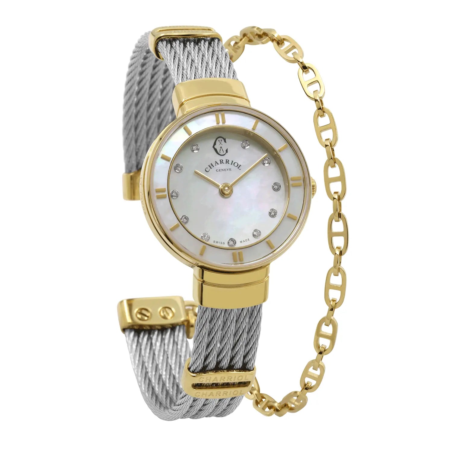 ST TROPEZCALIBRE QUARTZ, NACRE AVEC 11 DIAMANTS, BEZEL PVD OR JAUNE, BRACELET CABLE ACIER, 25MM - Charriol Geneve - Montres